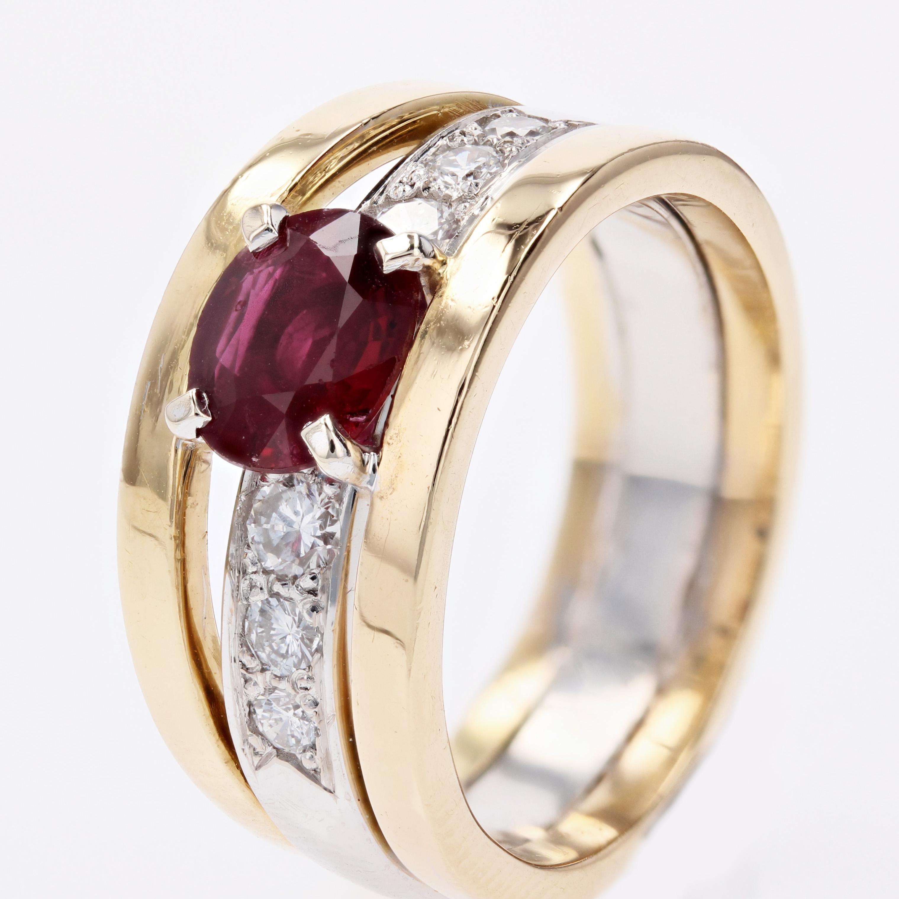 Moderner franzsischer Rubin-Diamant-Ring aus 18 Karat Gelb- und Weigold im Zustand „Gut“ im Angebot in Poitiers, FR