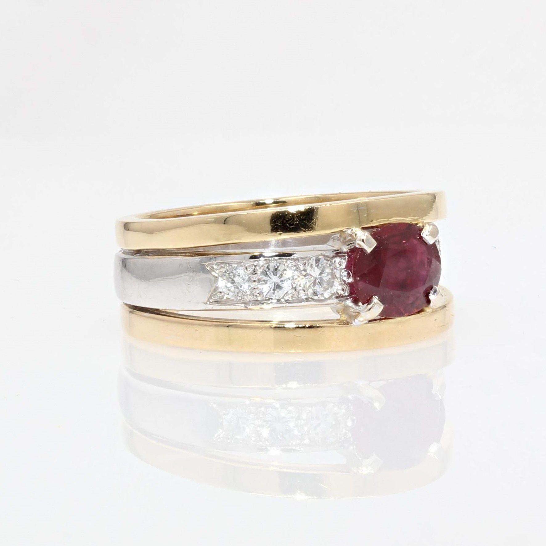 French Modern Ruby Diamonds 18 Karat Yellow and White Gold Ring In Good Condition For Sale In Poitiers, FR
