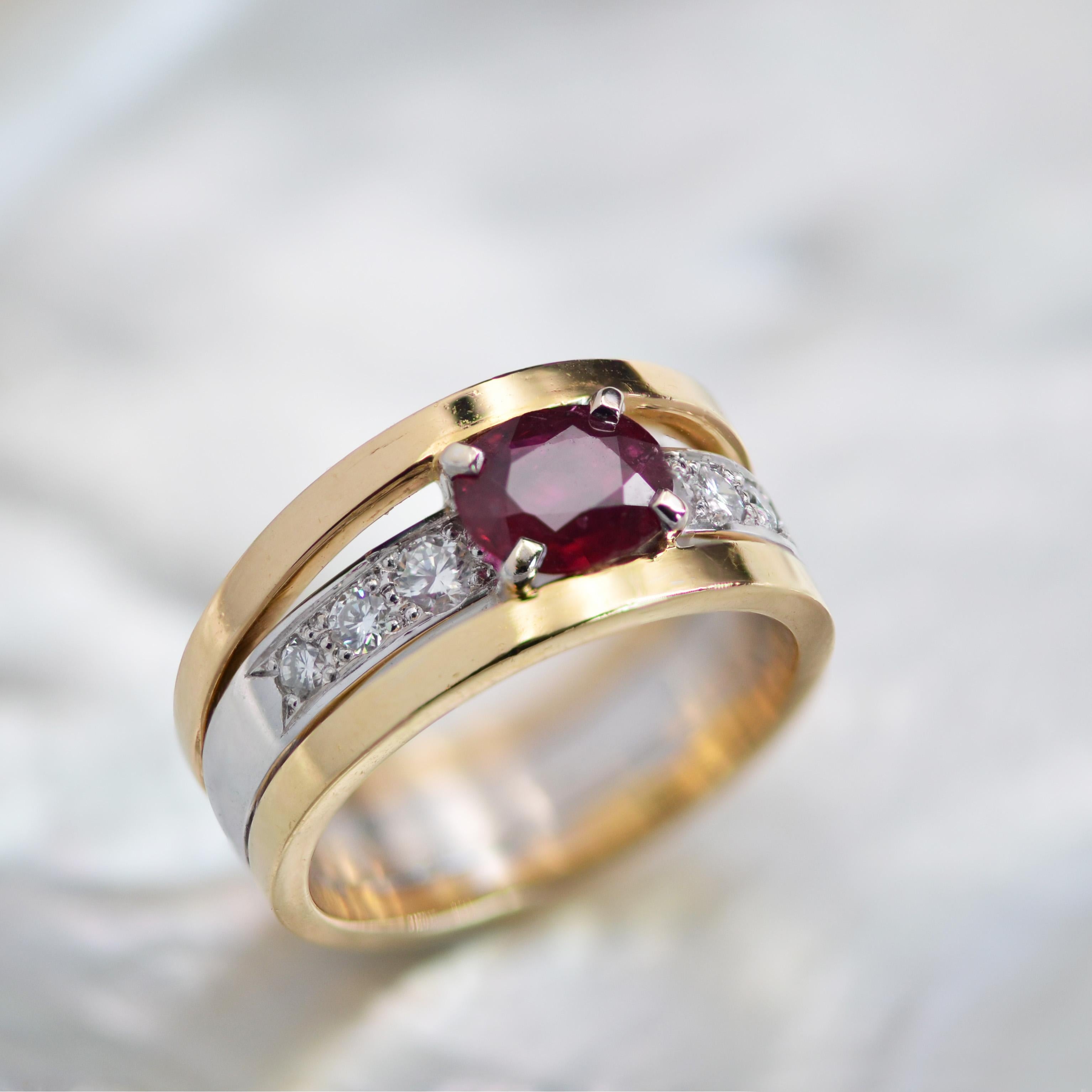 Oval Cut French Modern Ruby Diamonds 18 Karat Yellow and White Gold Ring For Sale