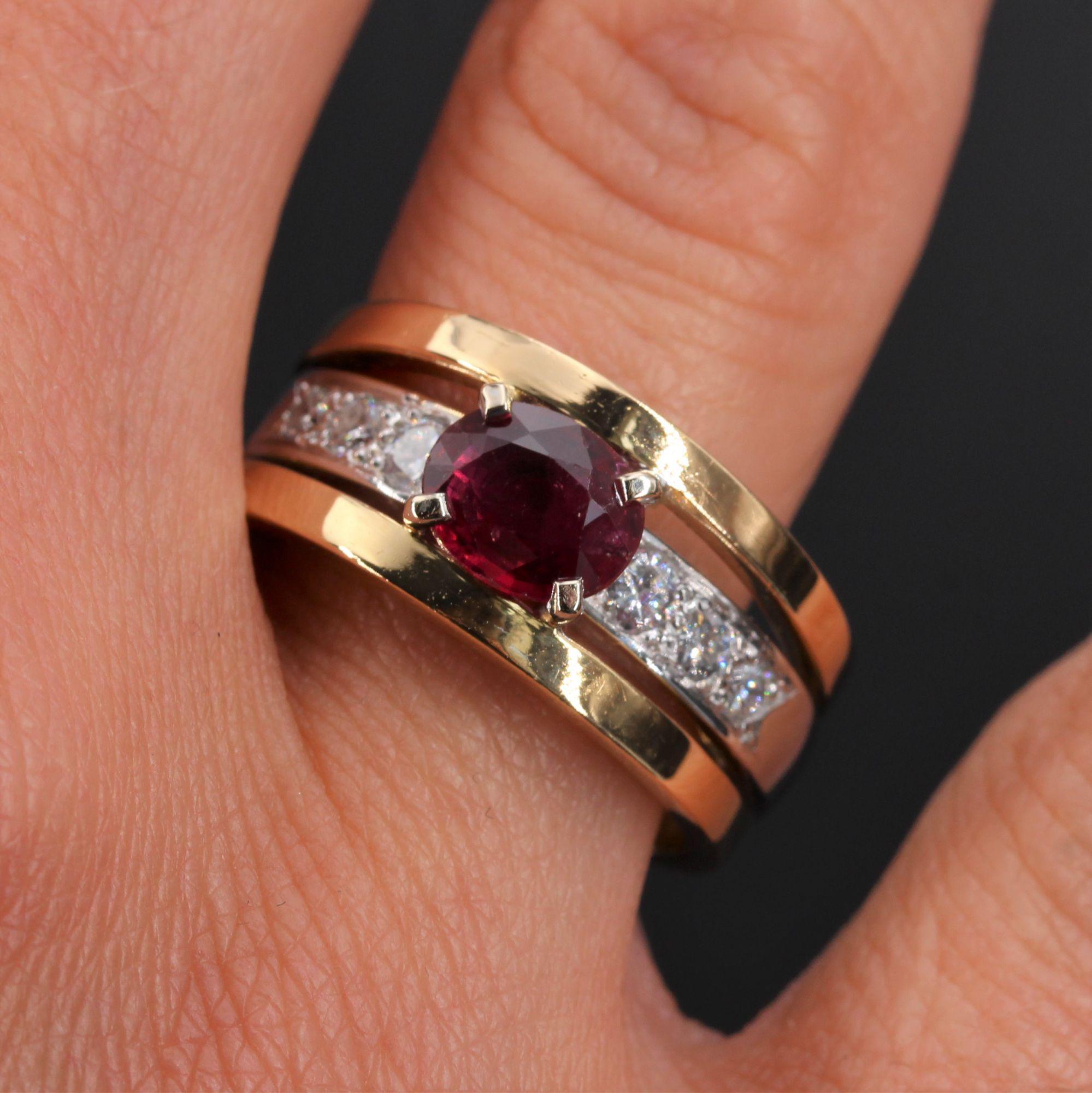 Women's French Modern Ruby Diamonds 18 Karat Yellow and White Gold Ring For Sale