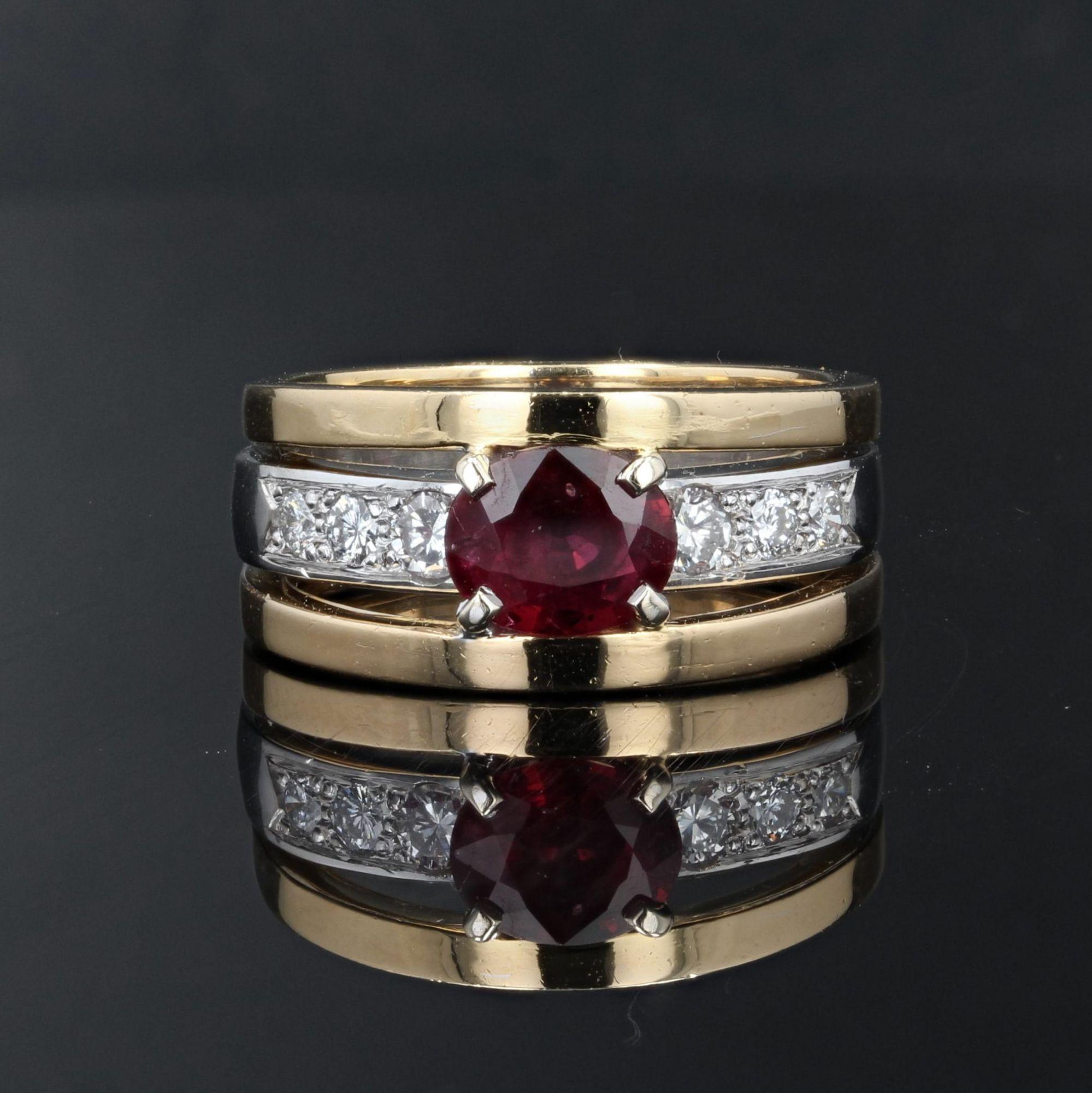 French Modern Ruby Diamonds 18 Karat Yellow and White Gold Ring For Sale 1