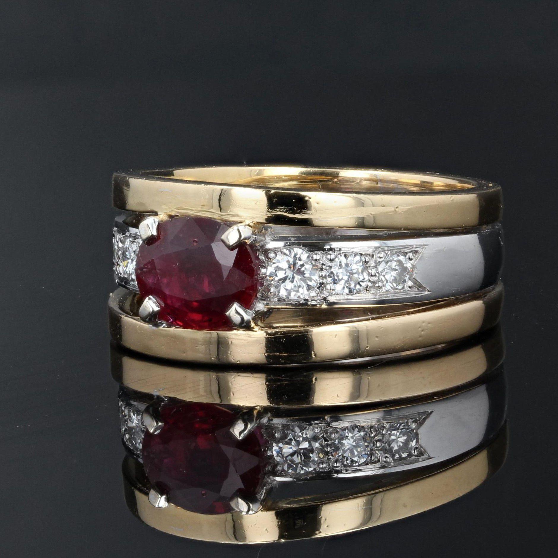 French Modern Ruby Diamonds 18 Karat Yellow and White Gold Ring For Sale 2