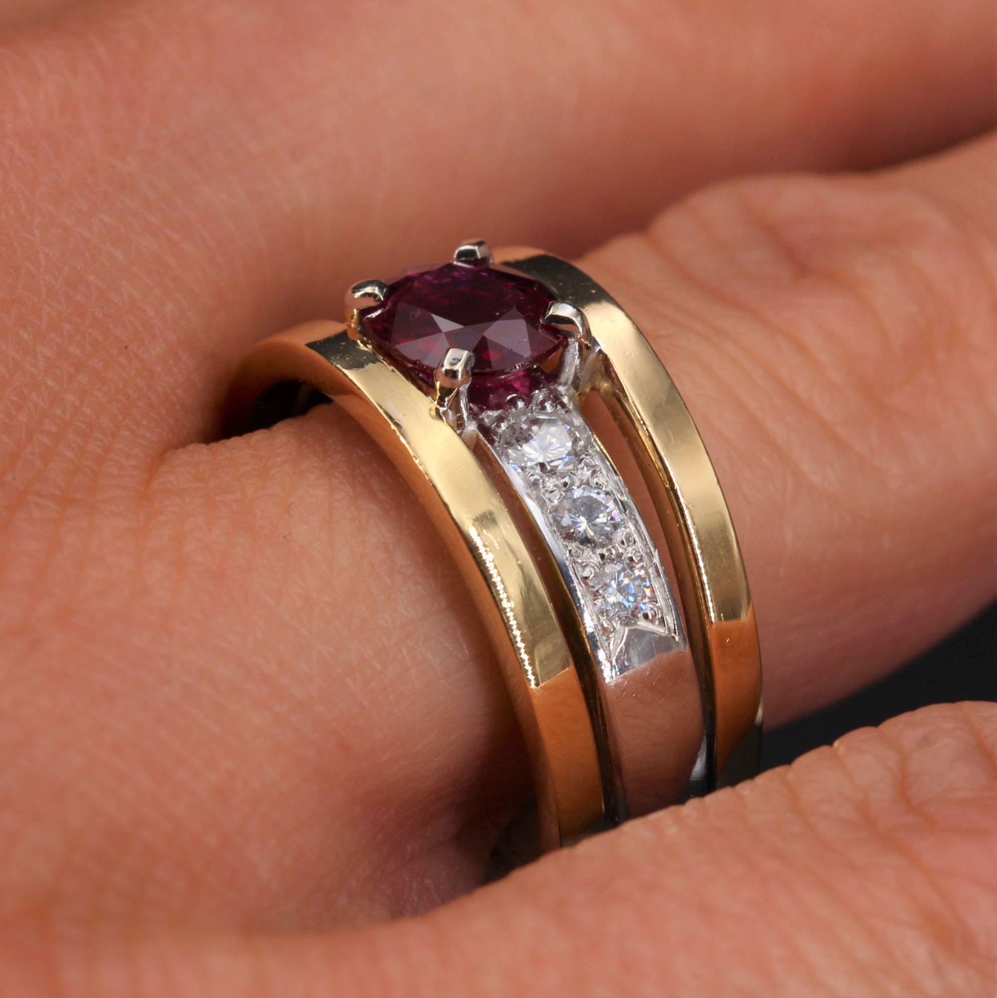 French Modern Ruby Diamonds 18 Karat Yellow and White Gold Ring For Sale 4