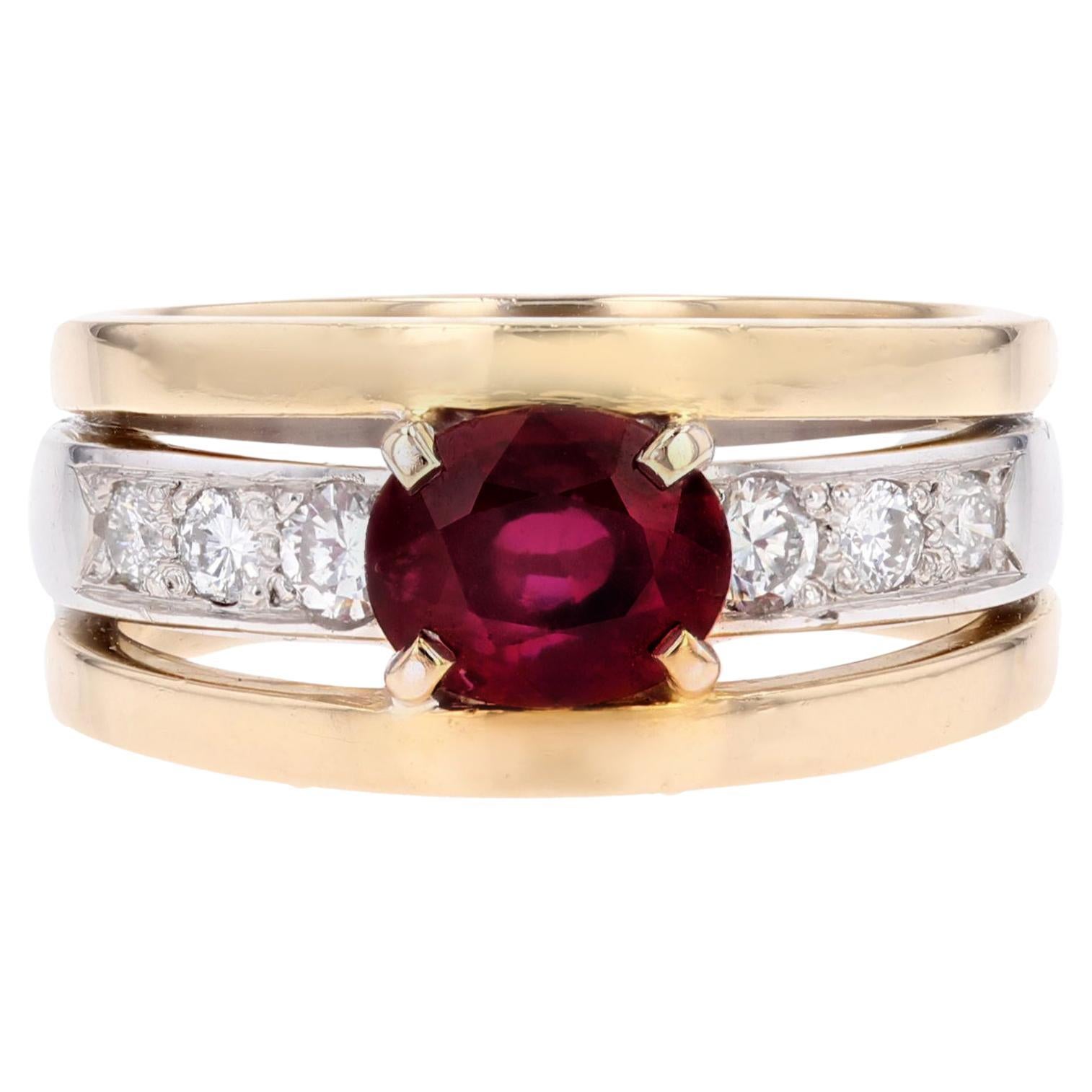 French Modern Ruby Diamonds 18 Karat Yellow and White Gold Ring For Sale