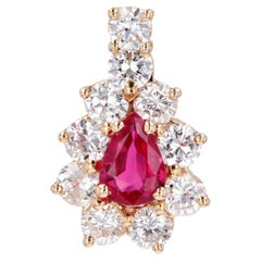 French Modern Ruby Diamonds 18 Karat Yellow Gold Daisy Pendant