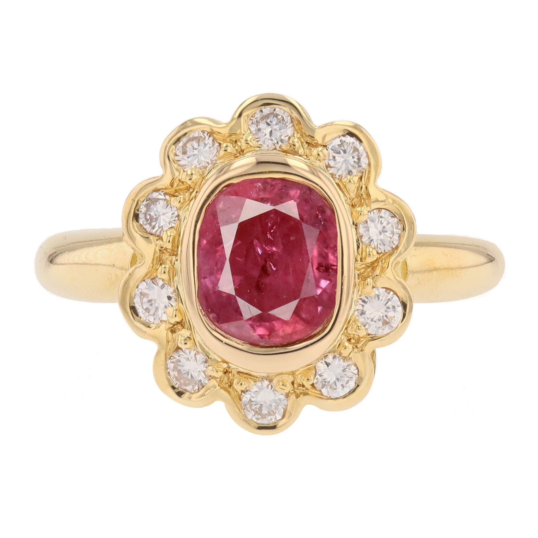 Französischer Moderner Rubin-Diamanten 18 Karat Gelbgold Blumenring
