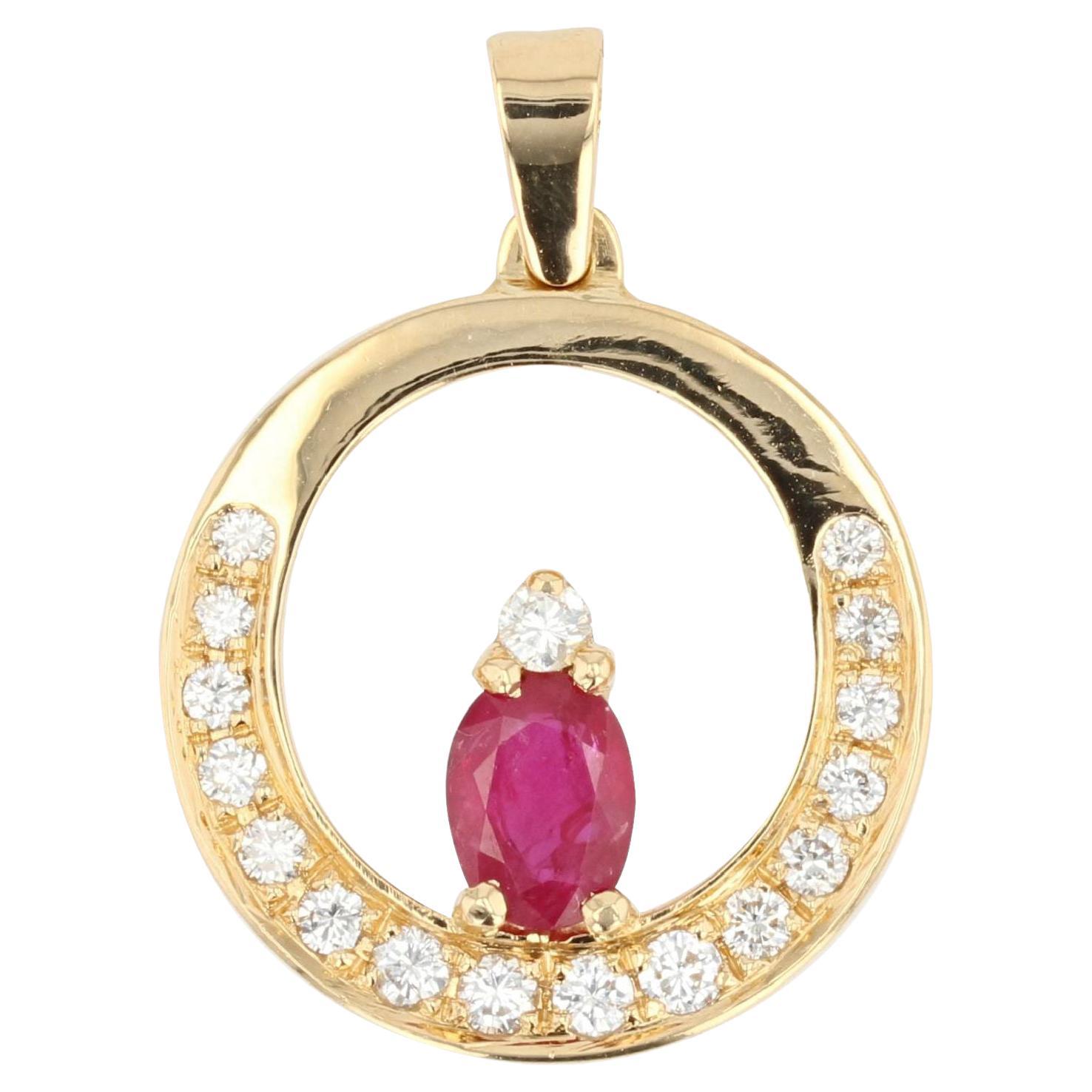 French Modern Ruby Diamonds 18 Karat yellow Gold Pendant and Chain For Sale