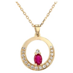 French Modern Ruby Diamonds 18 Karat yellow Gold Pendant and Chain