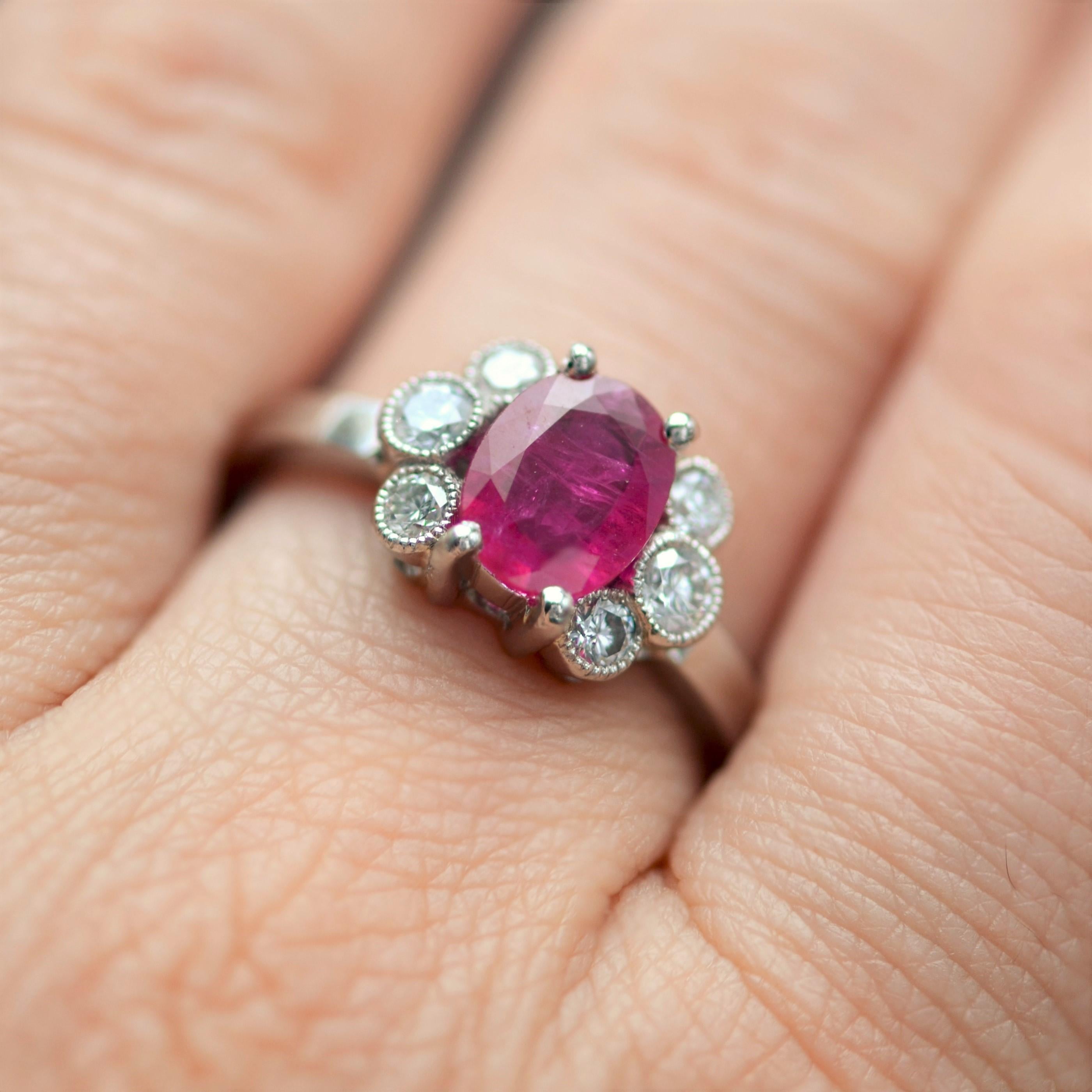 French Modern Ruby Diamonds Platinum Engagement Ring For Sale 6