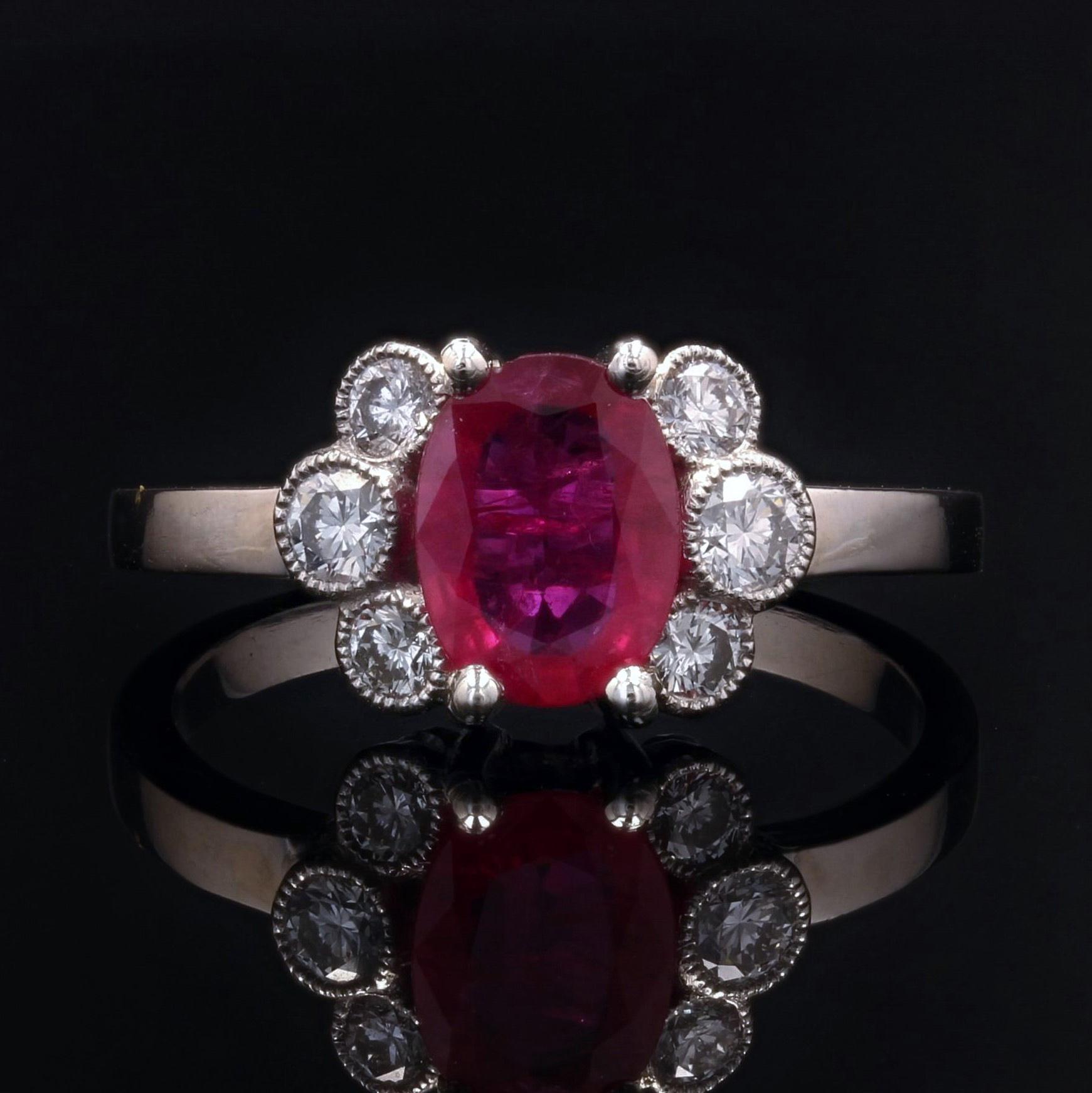 French Modern Ruby Diamonds Platinum Engagement Ring In New Condition For Sale In Poitiers, FR
