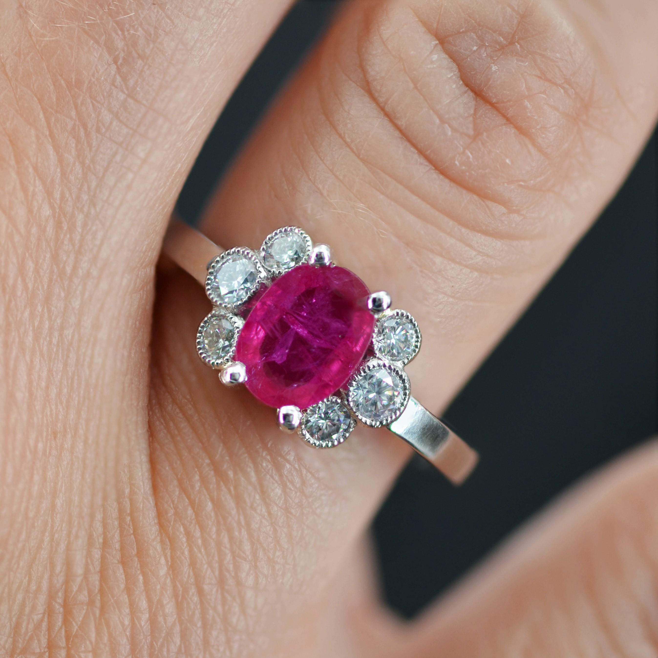 Women's French Modern Ruby Diamonds Platinum Engagement Ring For Sale
