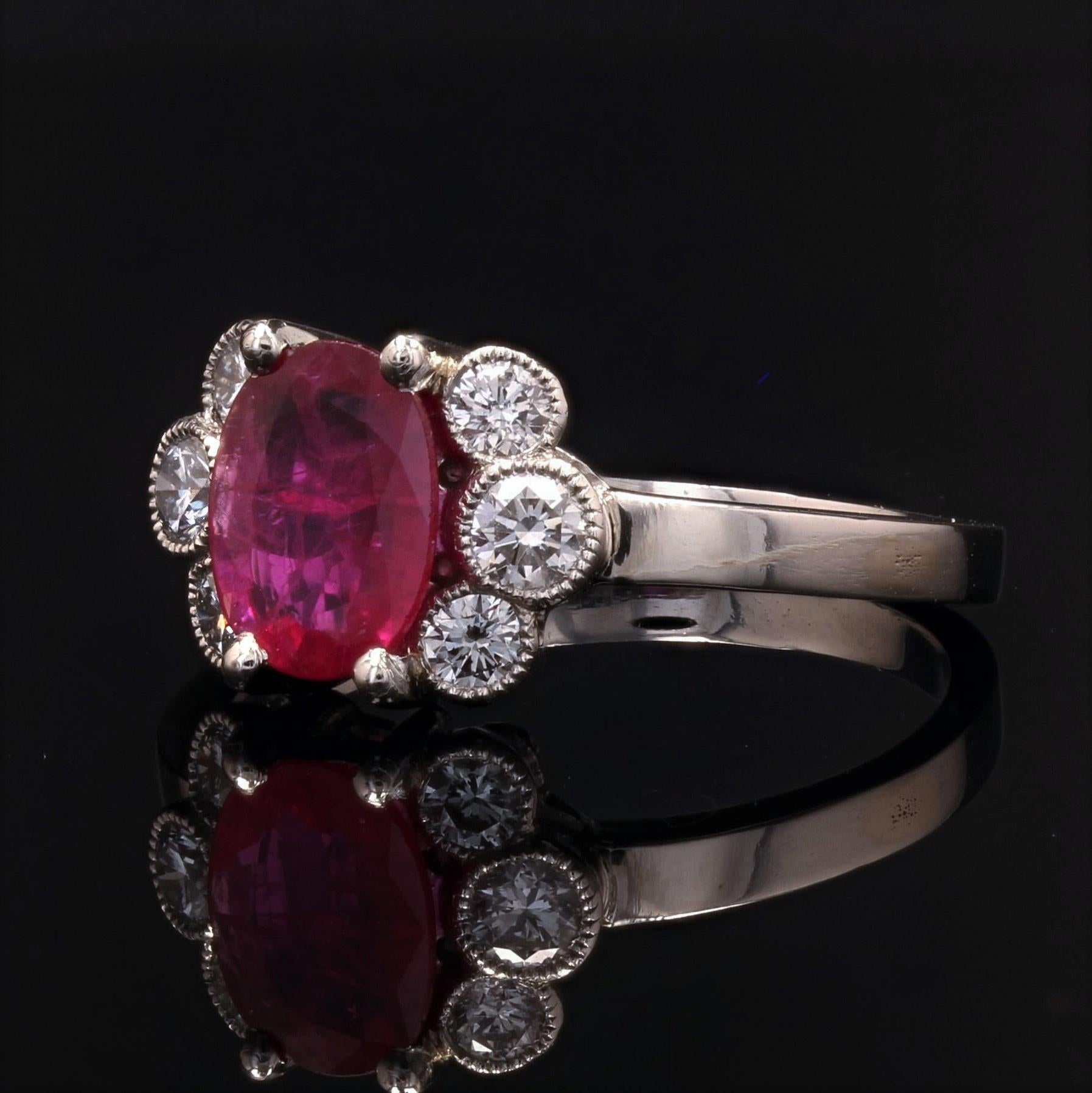 French Modern Ruby Diamonds Platinum Engagement Ring For Sale 1