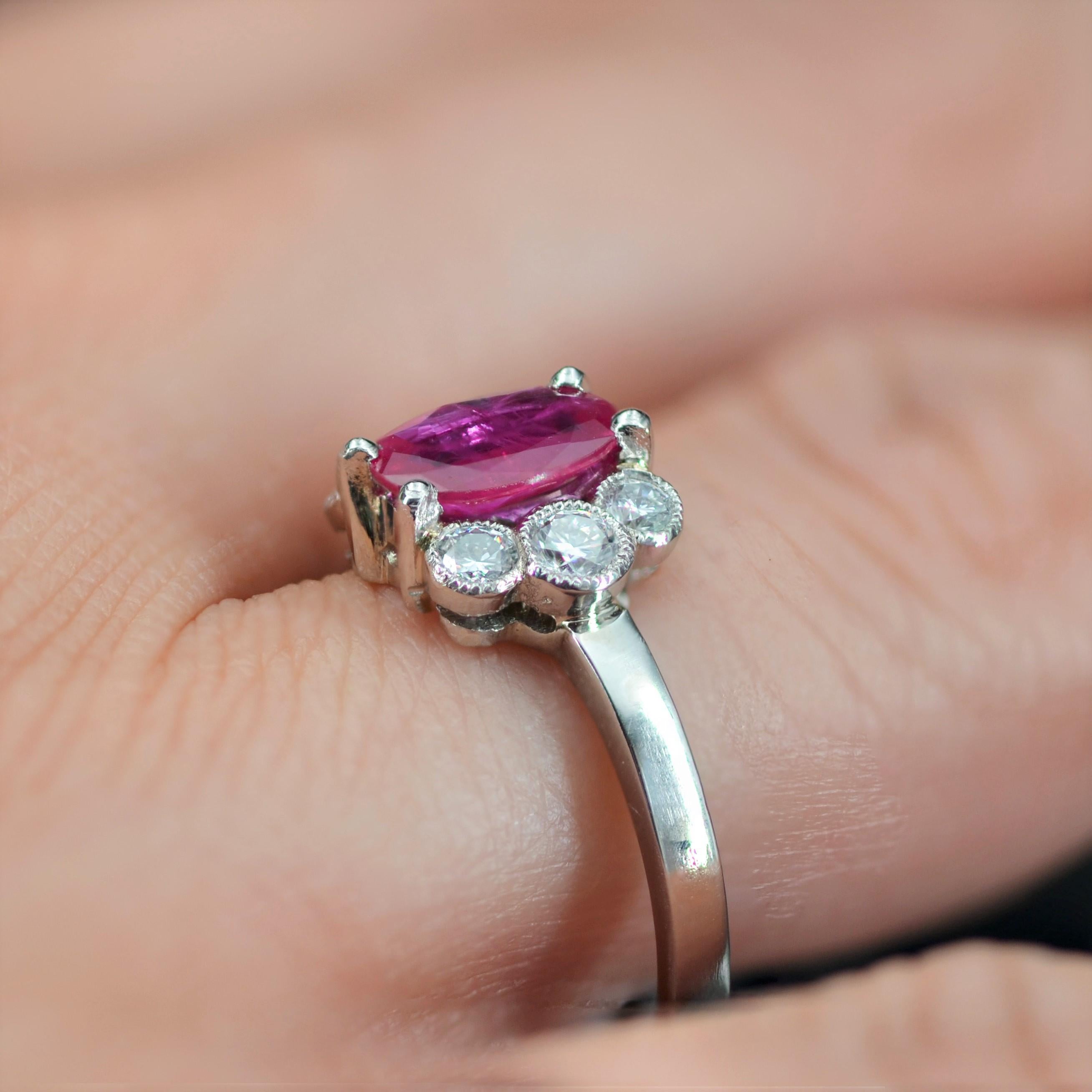 French Modern Ruby Diamonds Platinum Engagement Ring For Sale 2