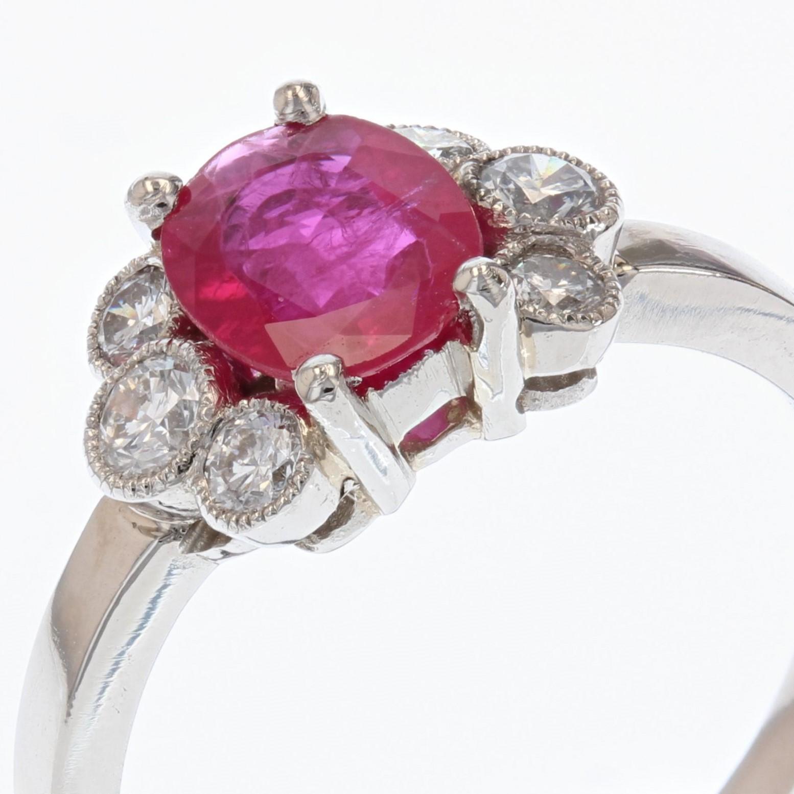 French Modern Ruby Diamonds Platinum Engagement Ring For Sale 4