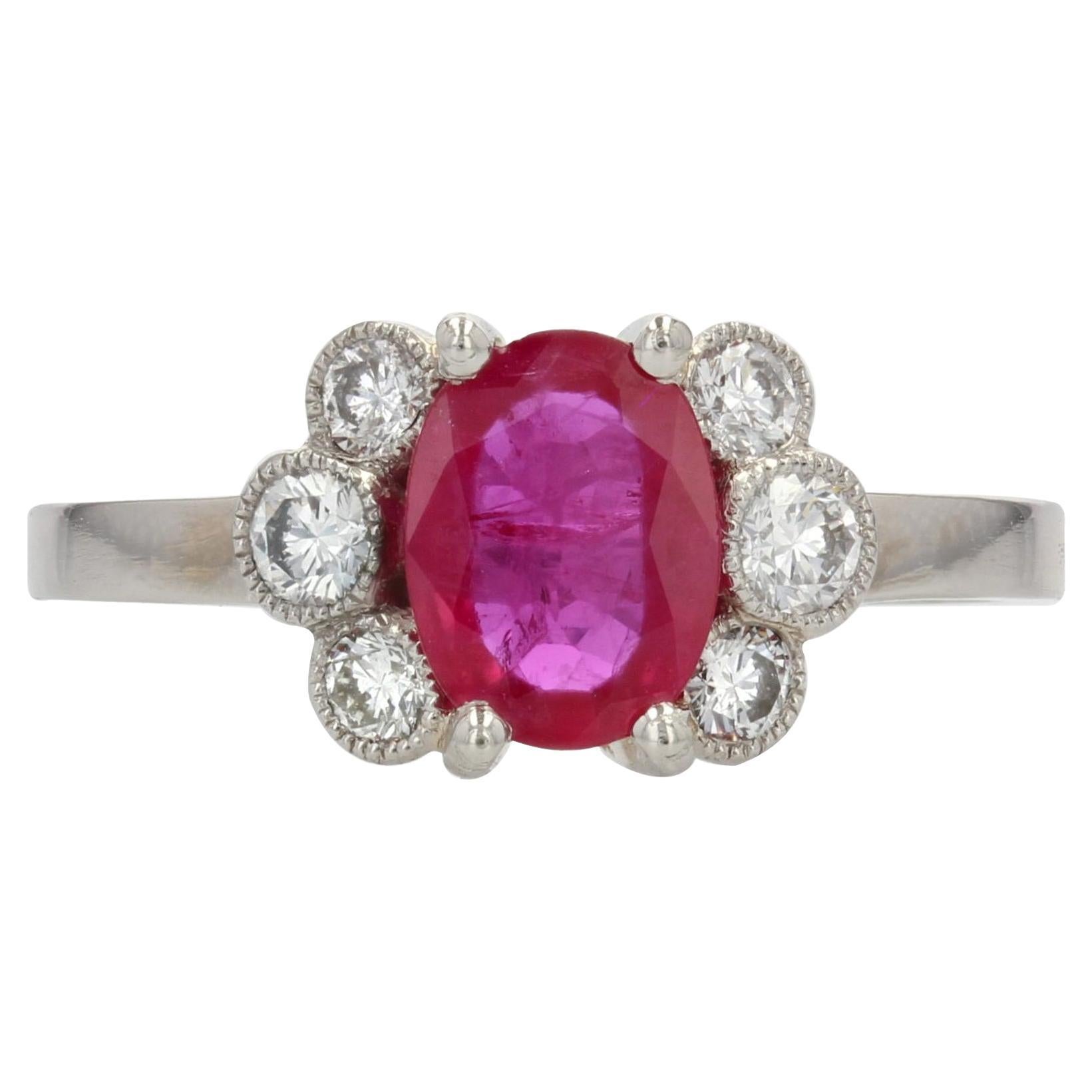 French Modern Ruby Diamonds Platinum Engagement Ring For Sale