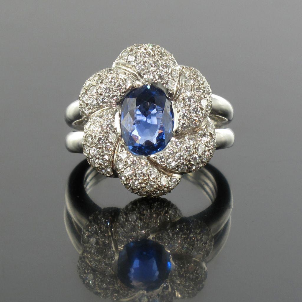 French Modern Sapphire Diamond White Gold Flower Cluster Ring 7