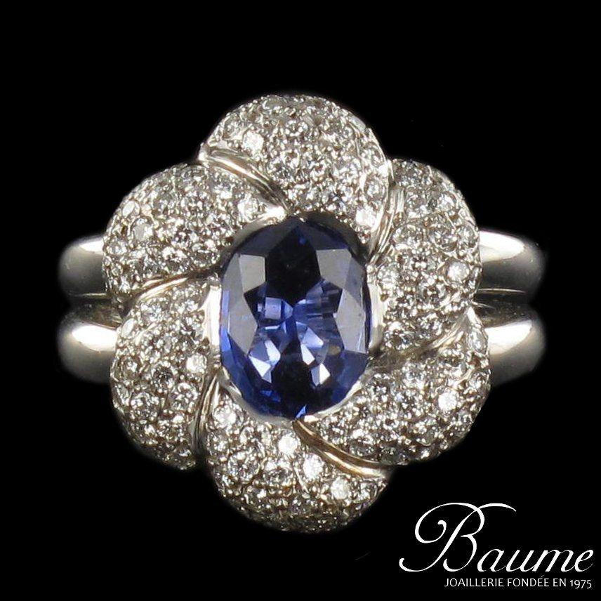 French Modern Sapphire Diamond White Gold Flower Cluster Ring 2