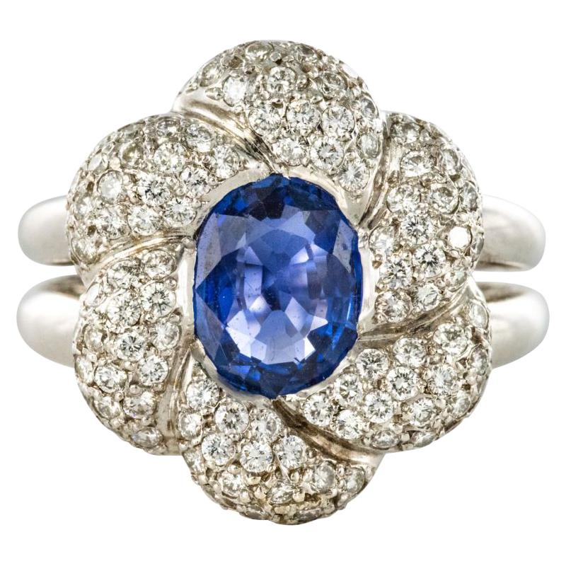 French Modern Sapphire Diamond White Gold Flower Cluster Ring