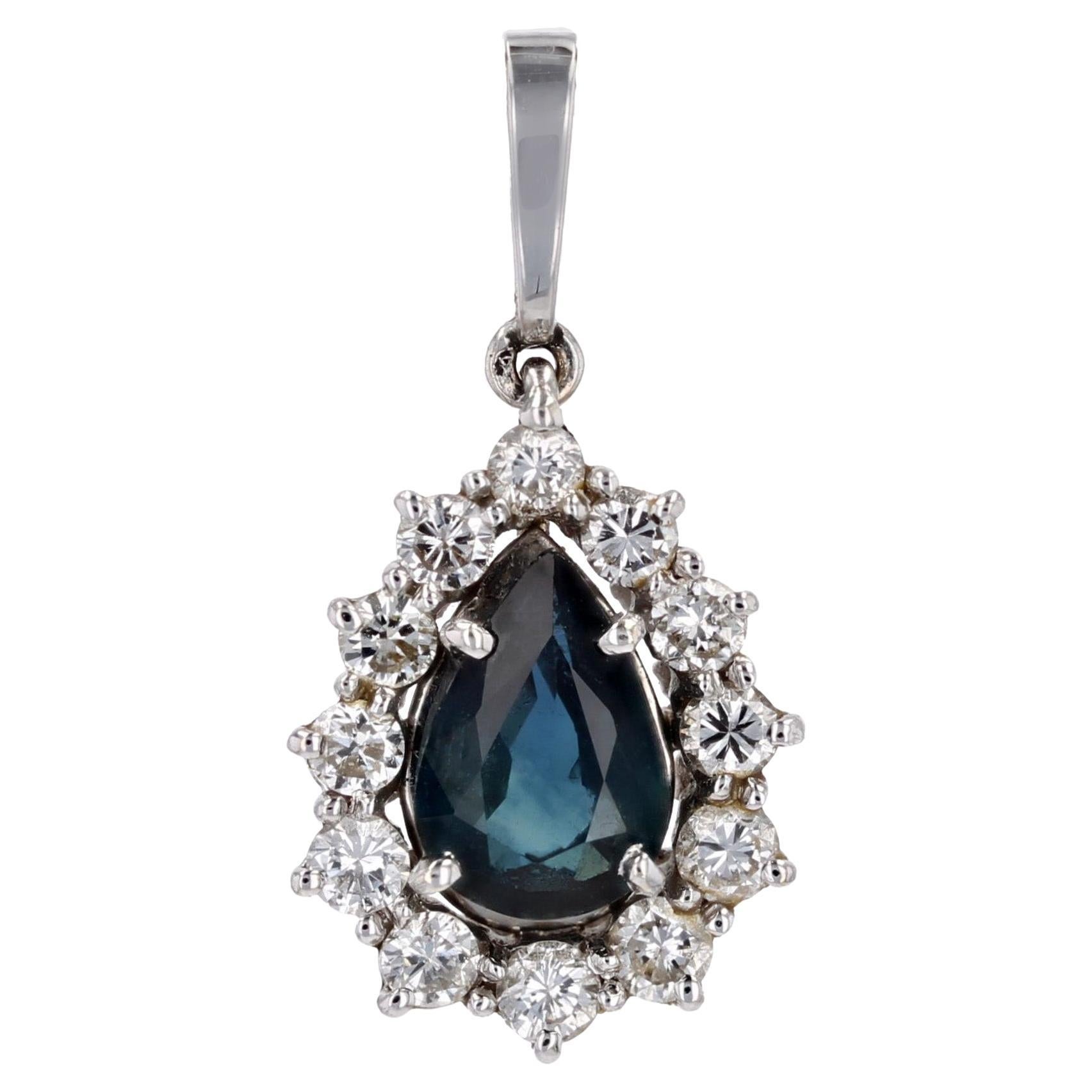 French Modern Sapphire Diamonds 18 Karat White Gold Drop Pendant