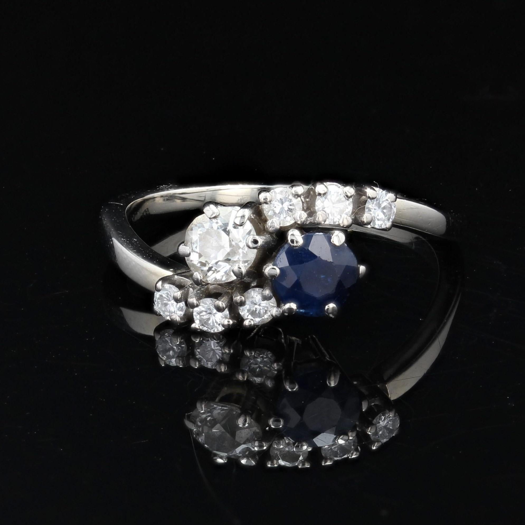 French Modern Sapphire Diamonds 18 Karat White Gold You and Me Ring In Good Condition For Sale In Poitiers, FR