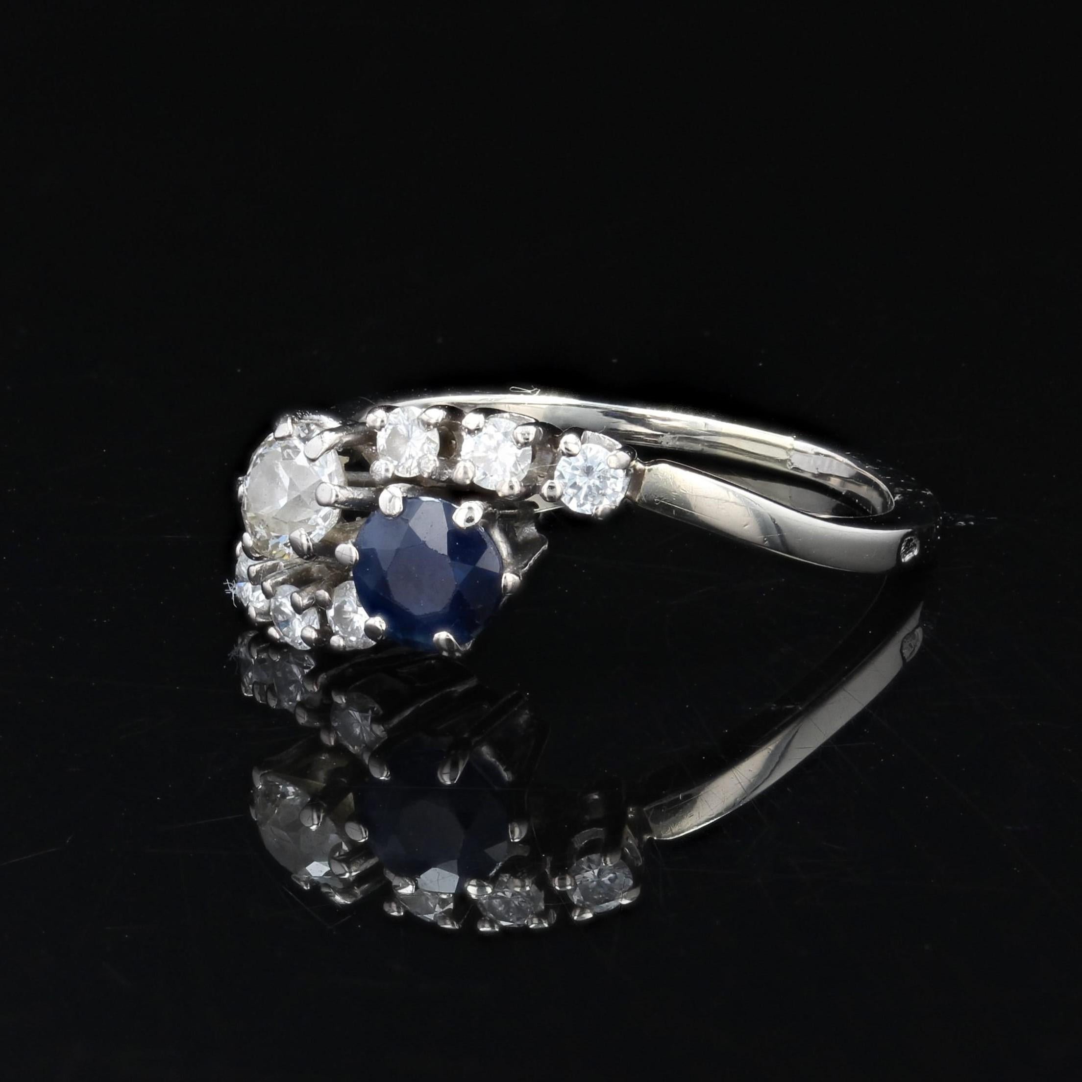 French Modern Sapphire Diamonds 18 Karat White Gold You and Me Ring For Sale 1