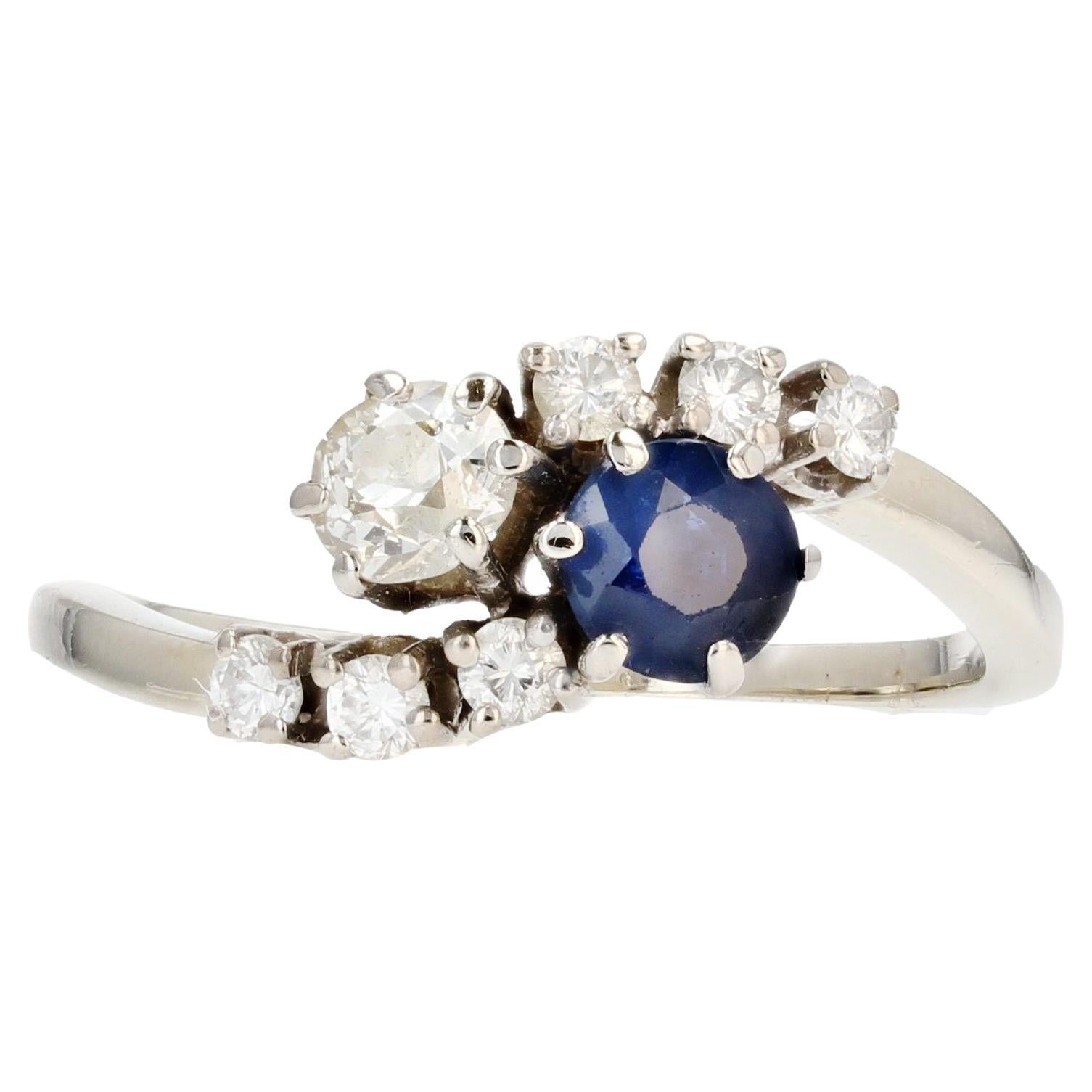 French Modern Sapphire Diamonds 18 Karat White Gold You and Me Ring For Sale