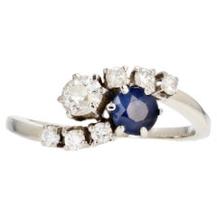 French Modern Sapphire Diamonds 18 Karat White Gold You and Me Ring