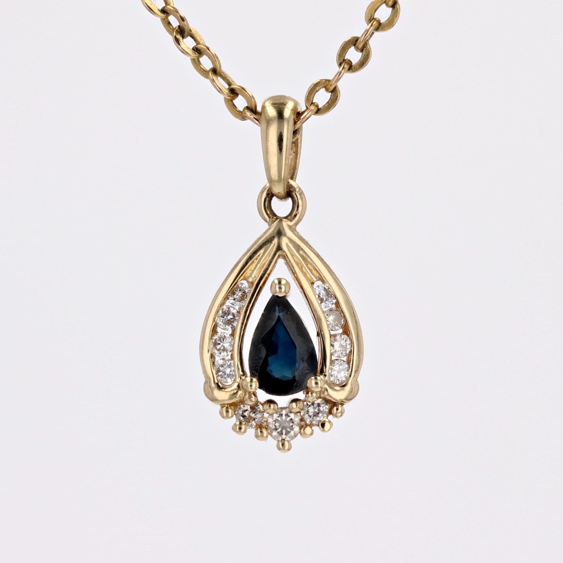 French Modern Sapphire Diamonds 18 Karat Yellow Gold Drop Pendant In Good Condition For Sale In Poitiers, FR
