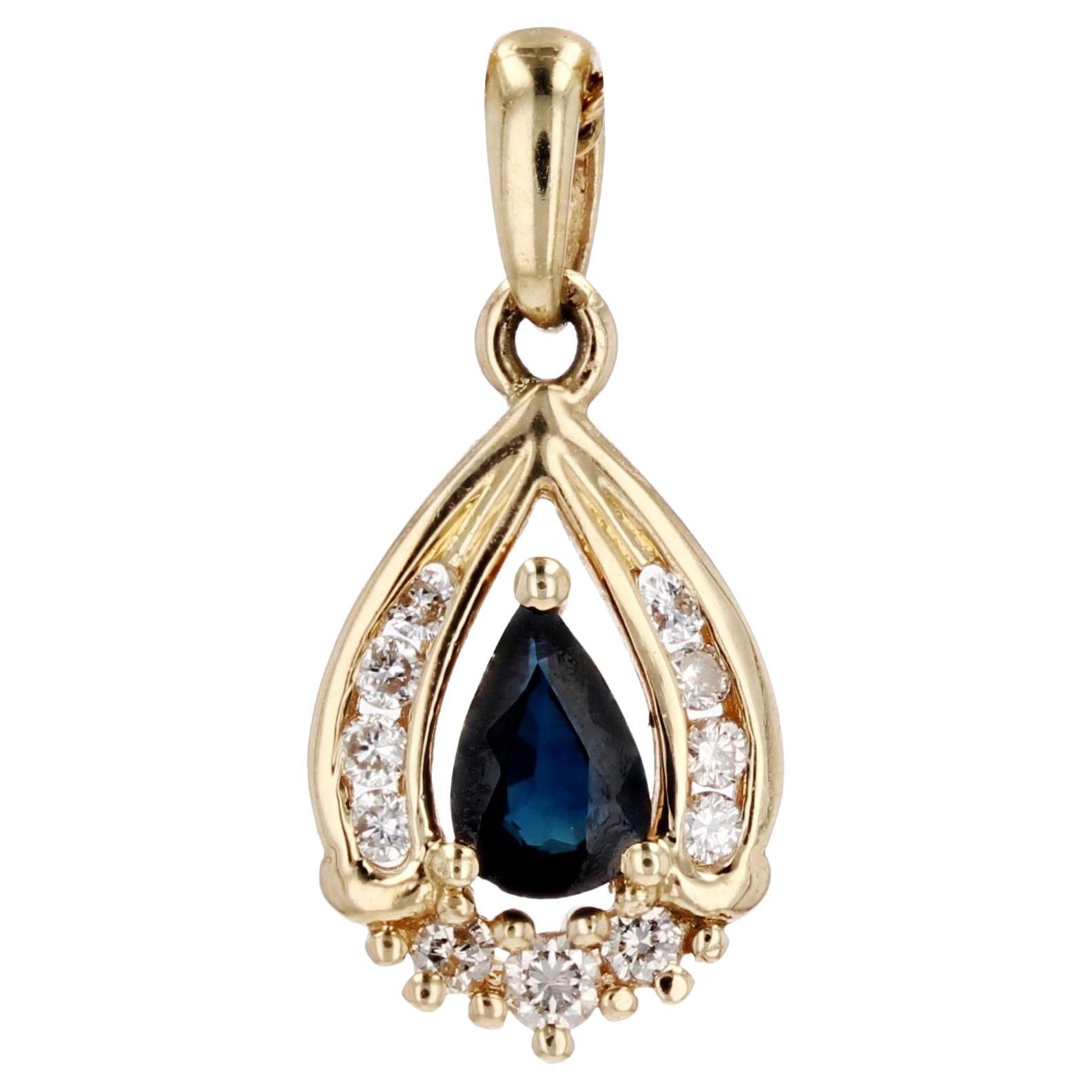 French Modern Sapphire Diamonds 18 Karat Yellow Gold Drop Pendant For Sale
