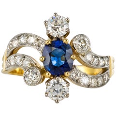 French Modern Sapphire Diamonds 18 Karat Yellow Gold Platinum Ring