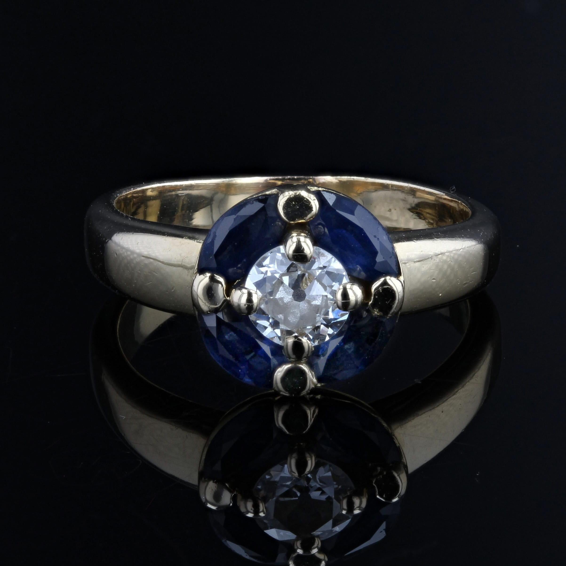 Brilliant Cut French Modern Sapphire Diamonds 18 Karat Yellow Gold Ring