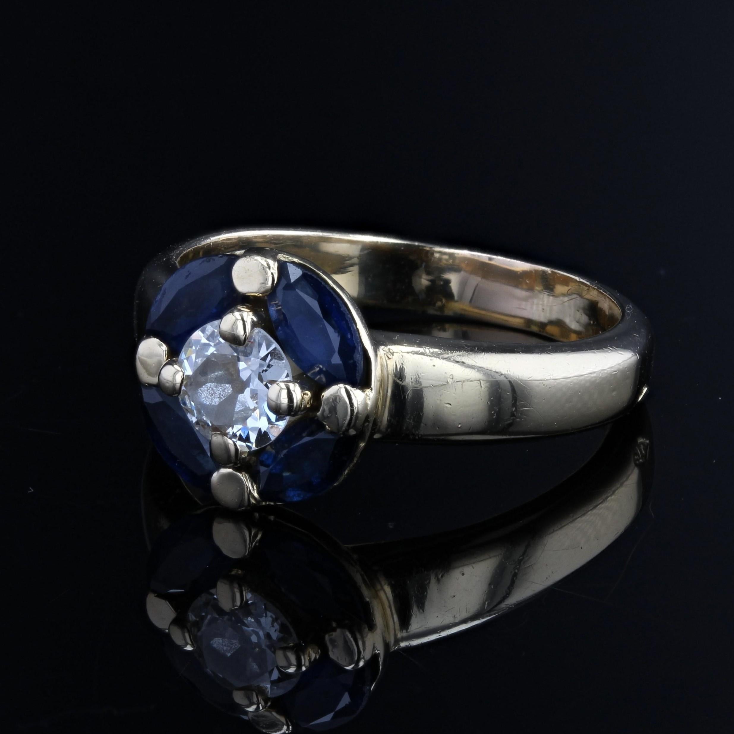 Women's French Modern Sapphire Diamonds 18 Karat Yellow Gold Ring