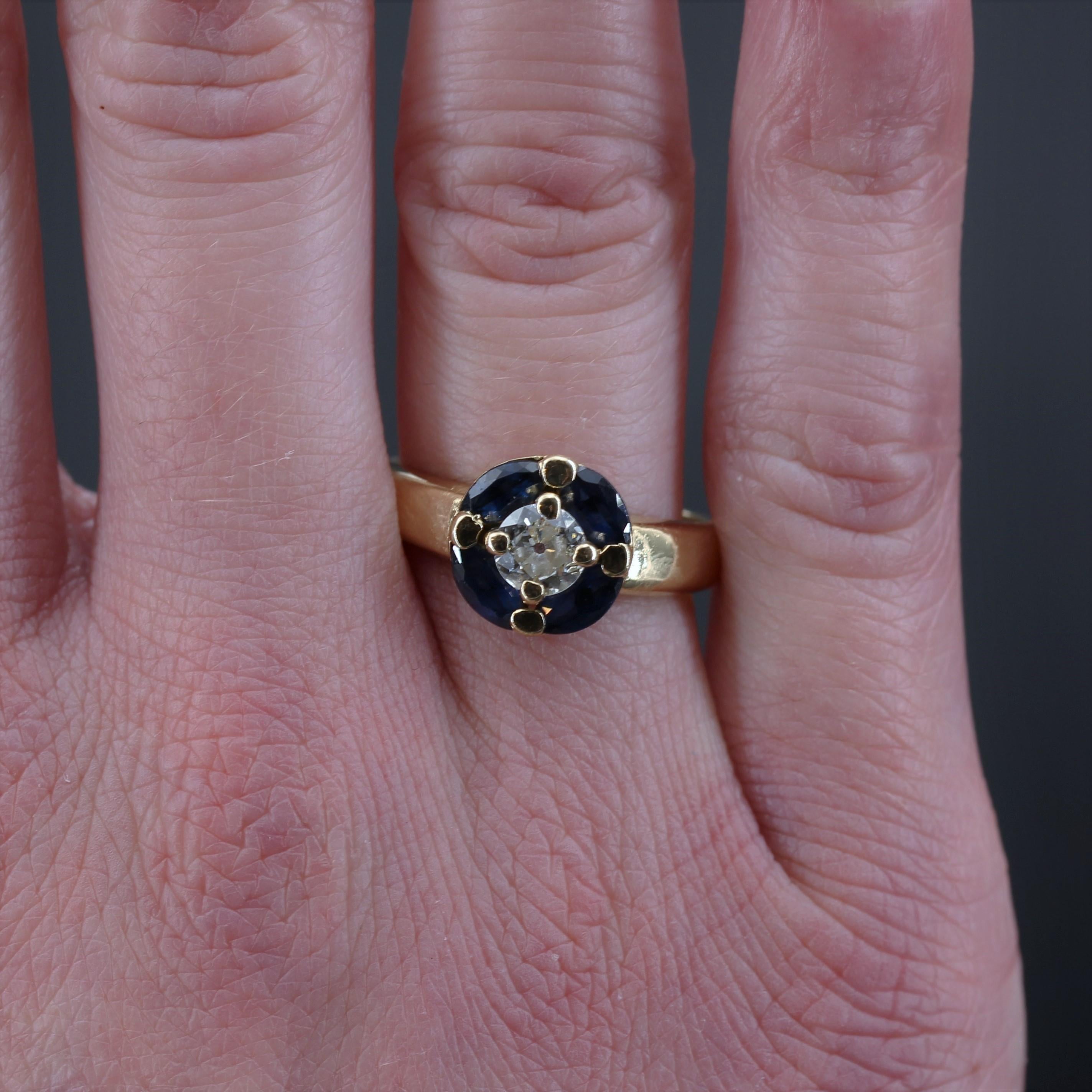 French Modern Sapphire Diamonds 18 Karat Yellow Gold Ring 1