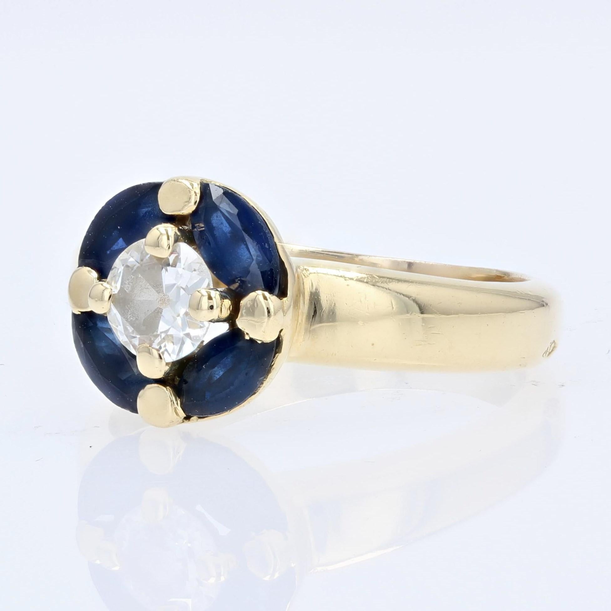 French Modern Sapphire Diamonds 18 Karat Yellow Gold Ring 2