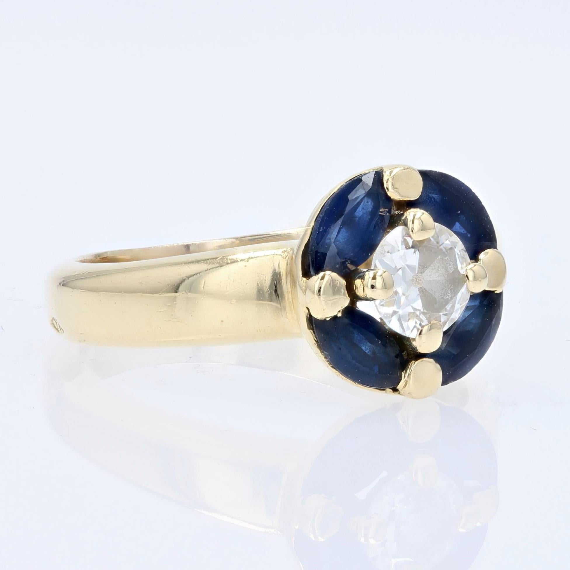 French Modern Sapphire Diamonds 18 Karat Yellow Gold Ring 4