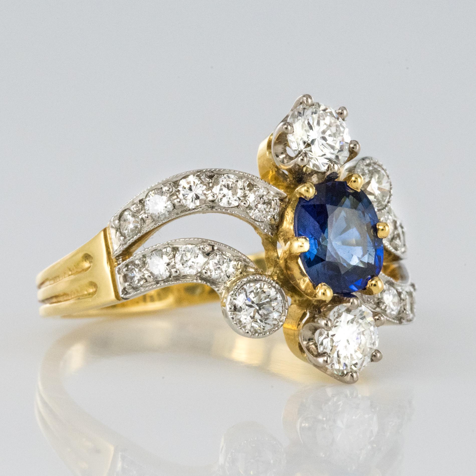 French Modern Sapphire Diamonds 18 Karat Yellow Gold Platinum Ring 9