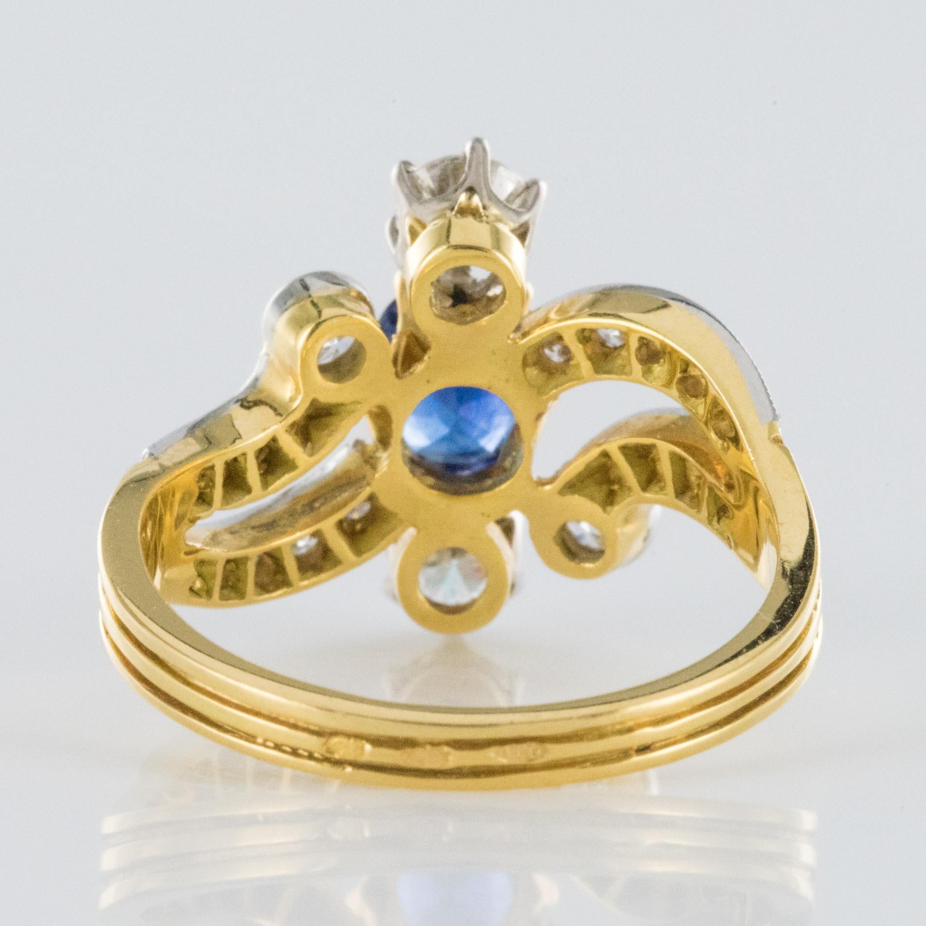 French Modern Sapphire Diamonds 18 Karat Yellow Gold Platinum Ring 10