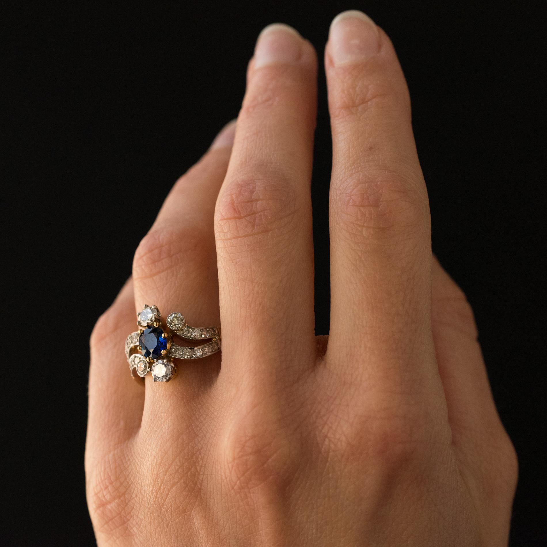 French Modern Sapphire Diamonds 18 Karat Yellow Gold Platinum Ring 5