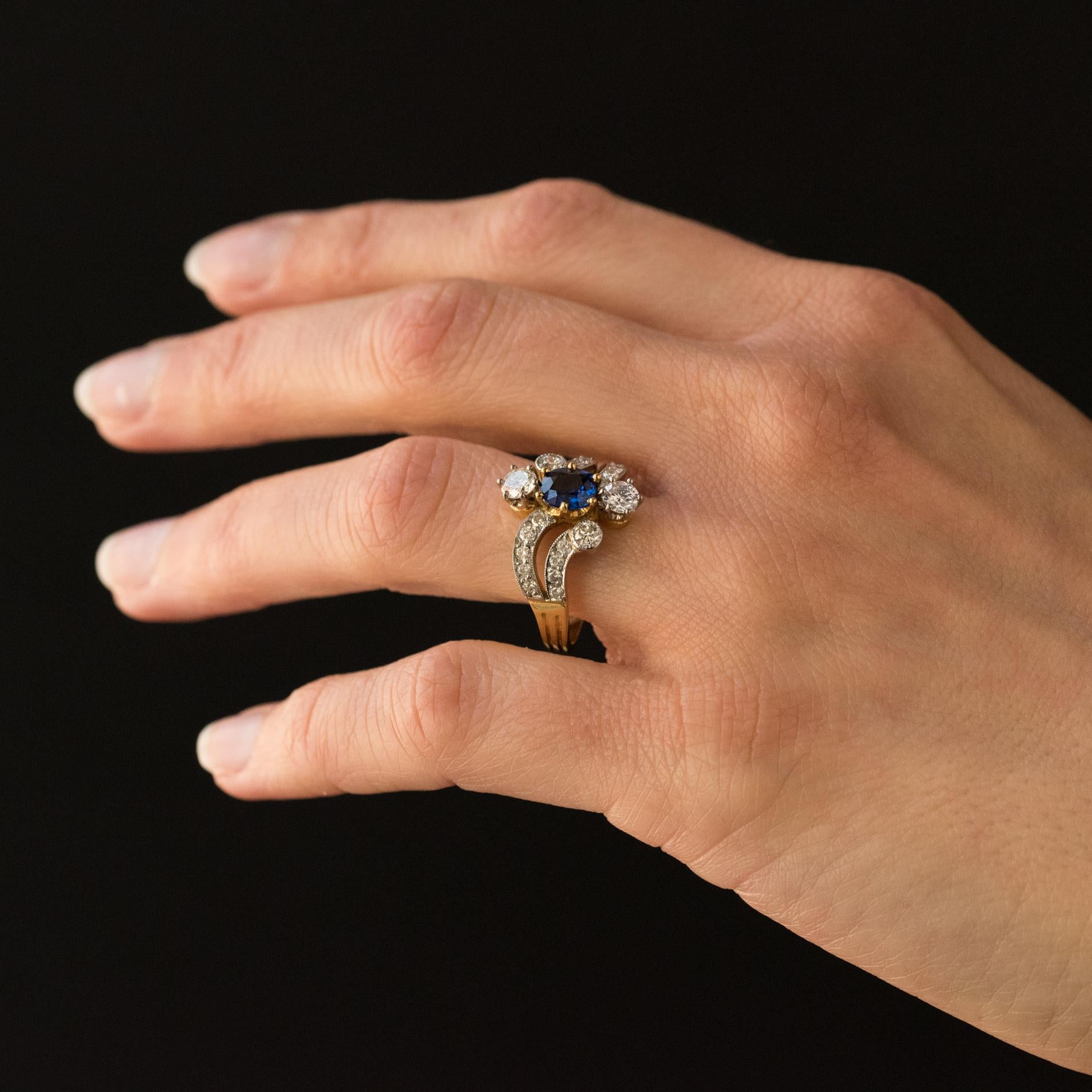 French Modern Sapphire Diamonds 18 Karat Yellow Gold Platinum Ring 11