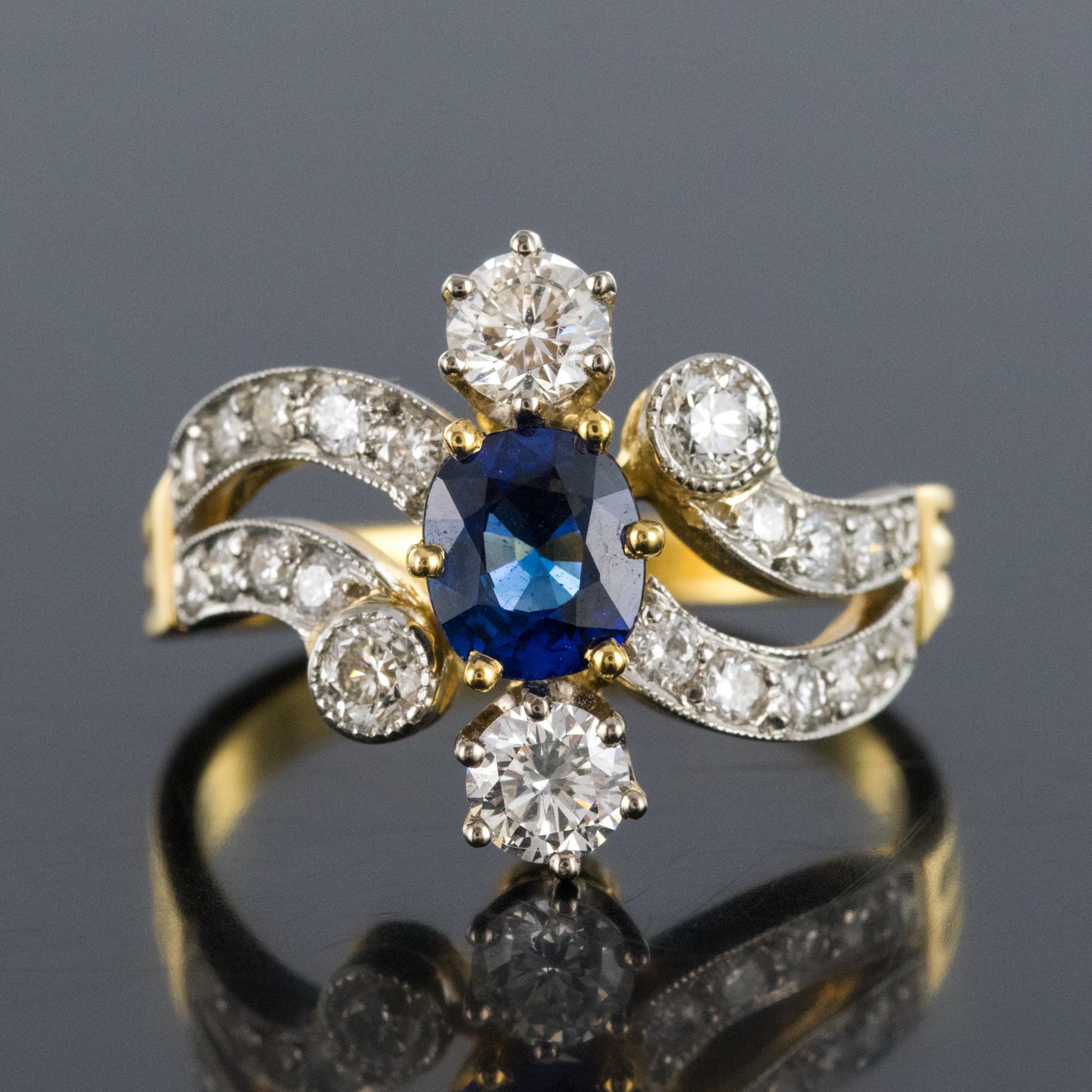 French Modern Sapphire Diamonds 18 Karat Yellow Gold Platinum Ring In New Condition In Poitiers, FR