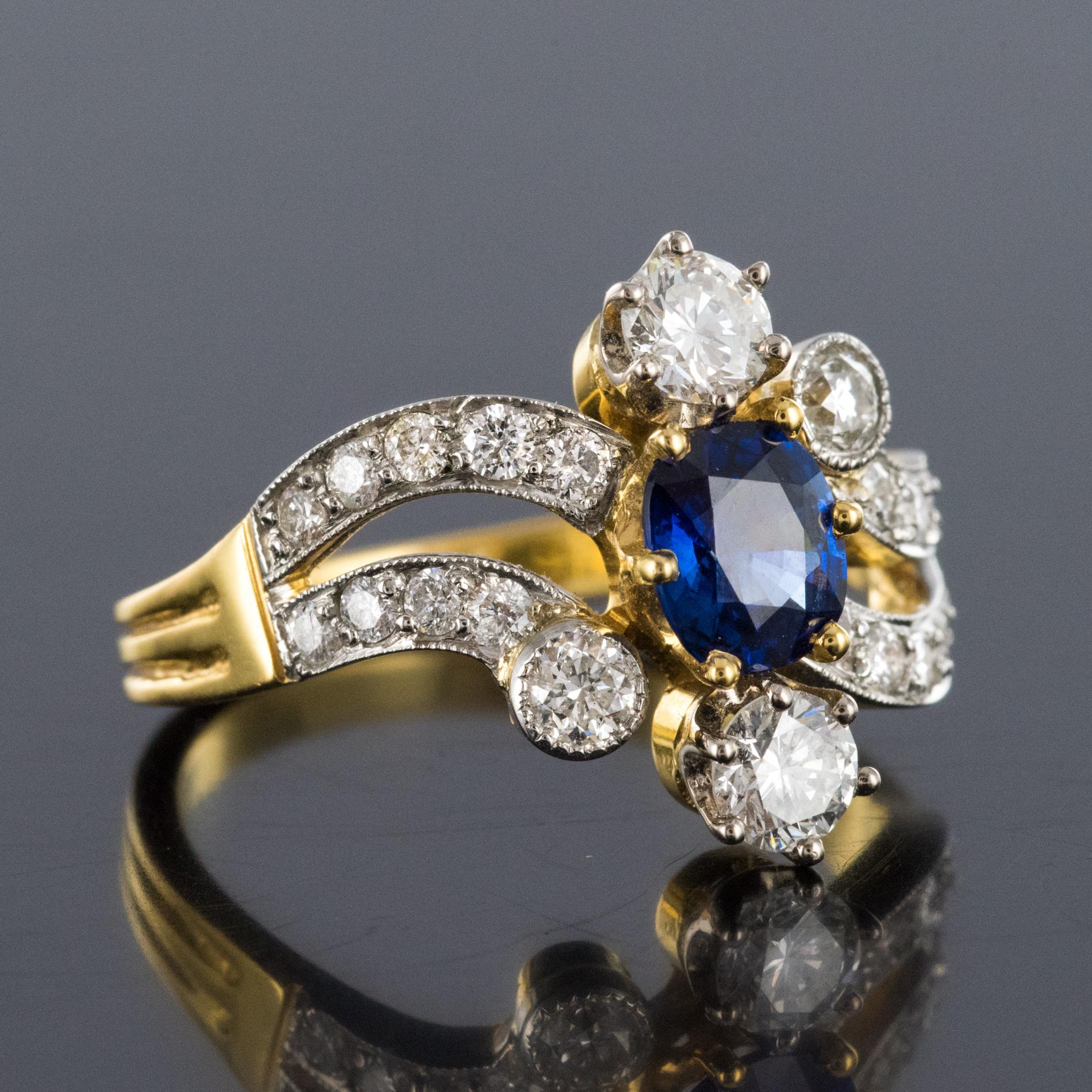 French Modern Sapphire Diamonds 18 Karat Yellow Gold Platinum Ring 4