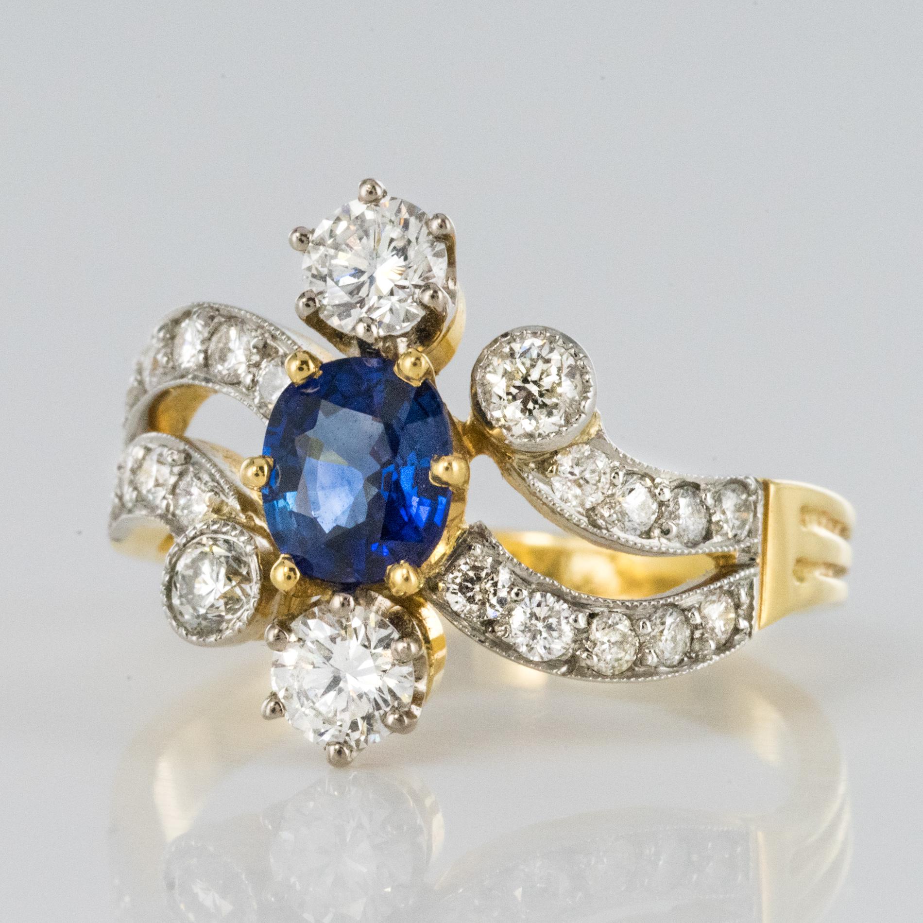 Women's French Modern Sapphire Diamonds 18 Karat Yellow Gold Platinum Ring