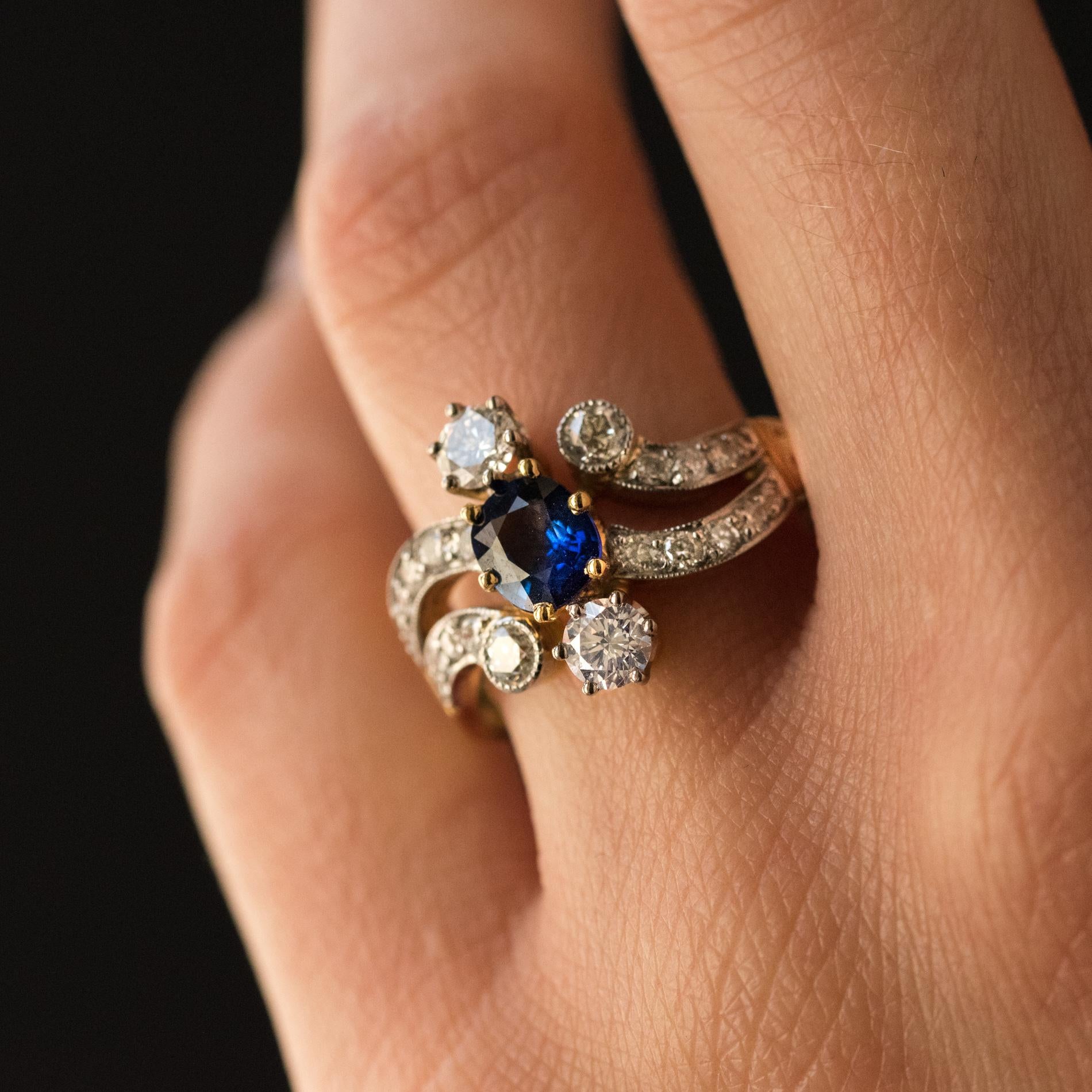 French Modern Sapphire Diamonds 18 Karat Yellow Gold Platinum Ring 1