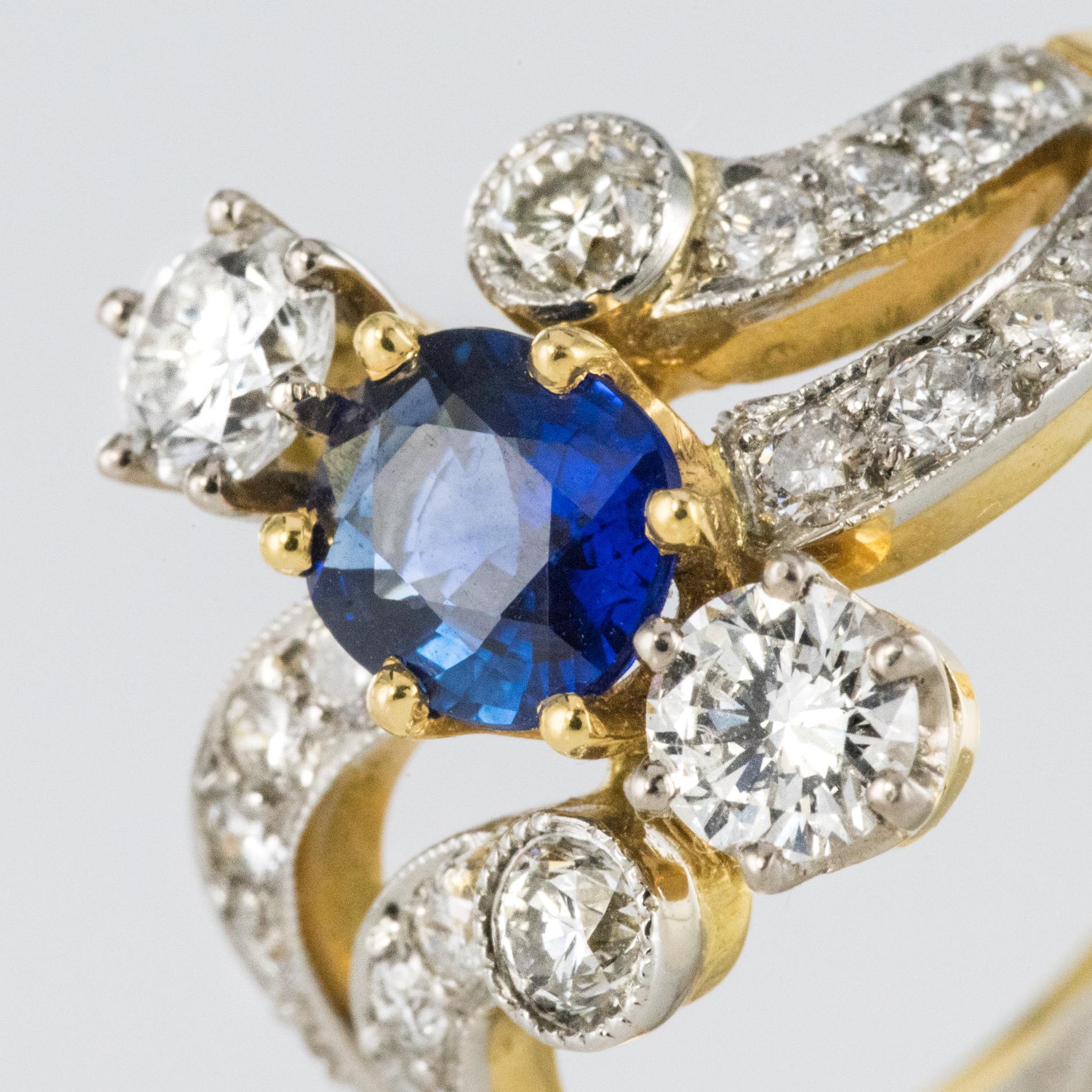 French Modern Sapphire Diamonds 18 Karat Yellow Gold Platinum Ring 2