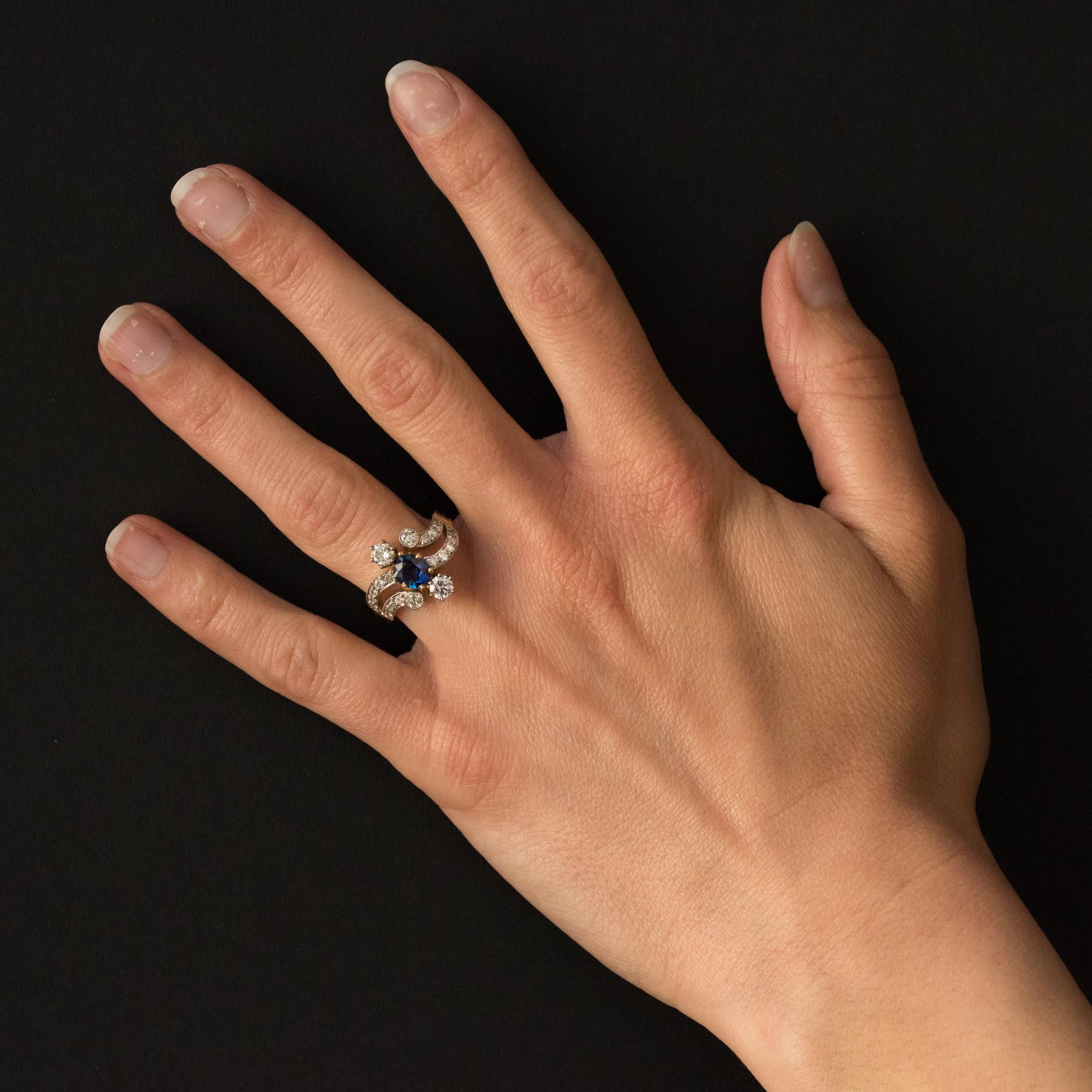 French Modern Sapphire Diamonds 18 Karat Yellow Gold Platinum Ring 3