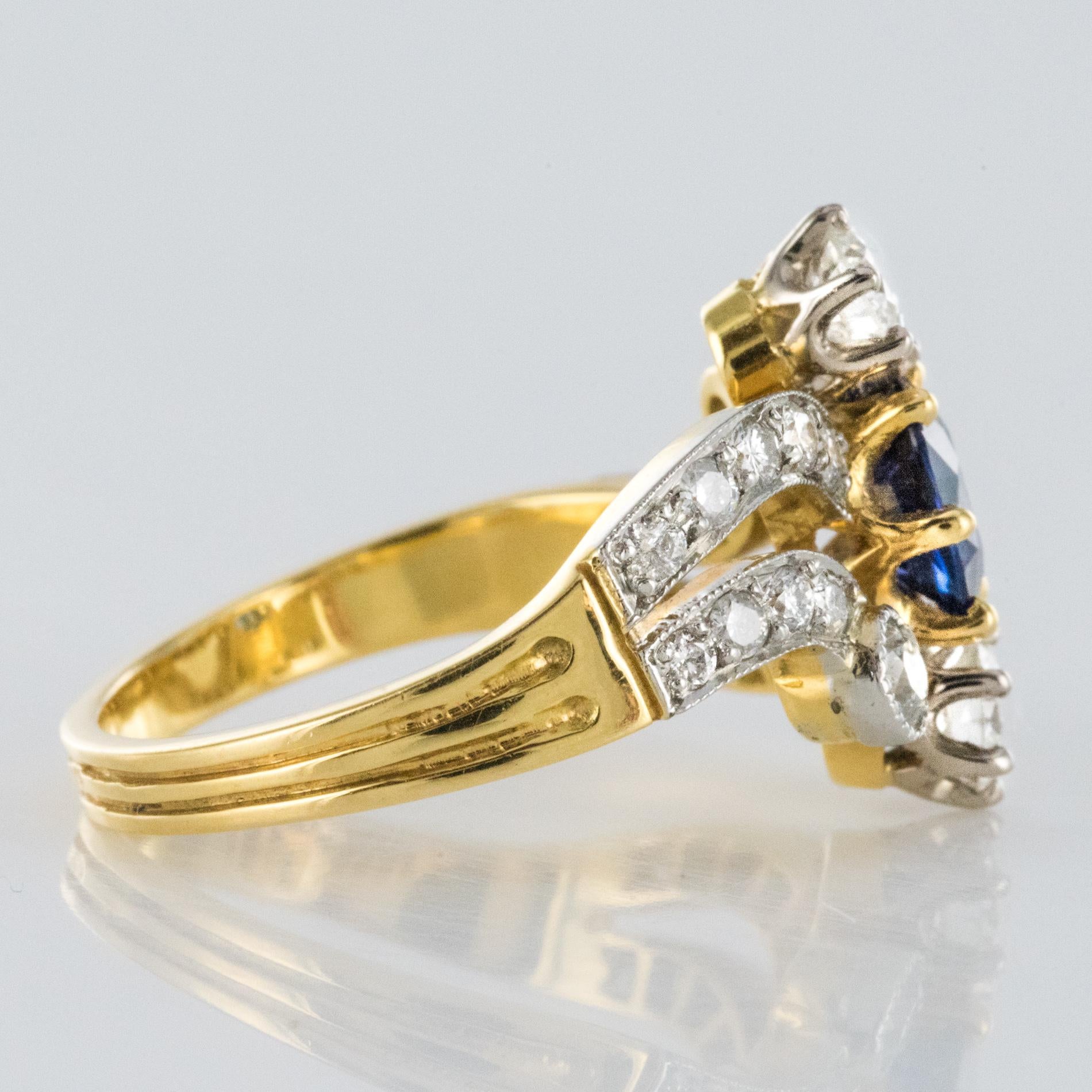 French Modern Sapphire Diamonds 18 Karat Yellow Gold Platinum Ring 7