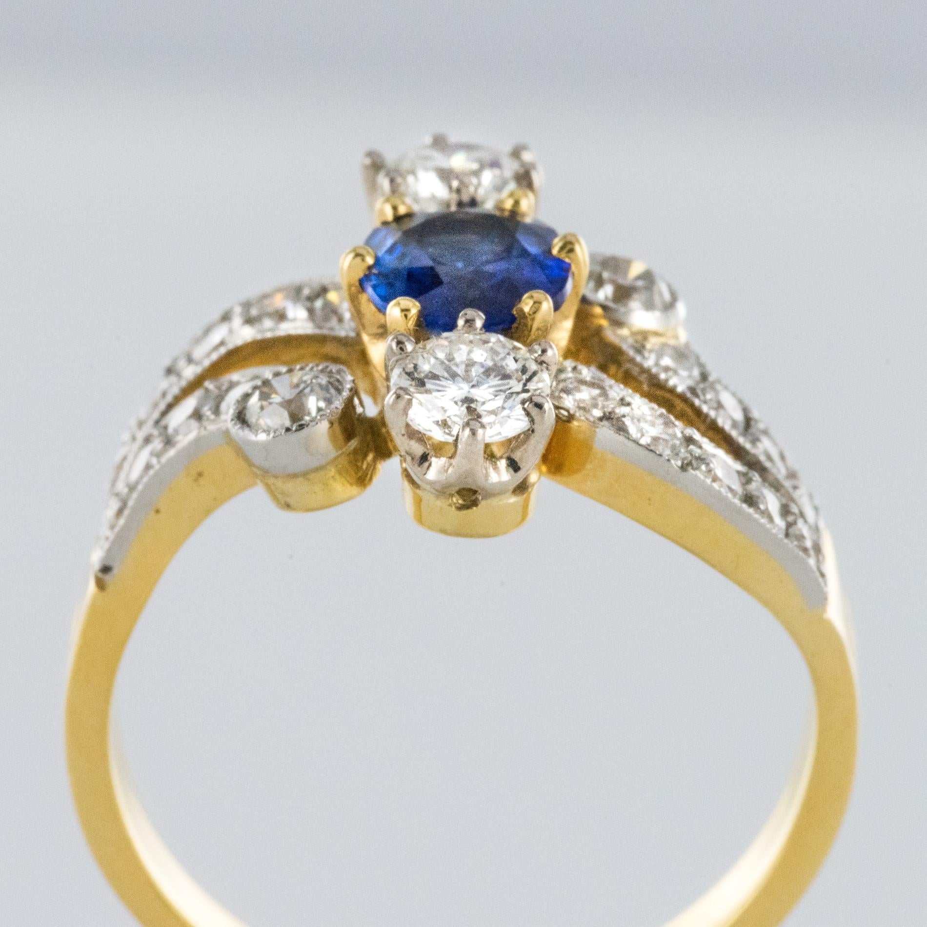 French Modern Sapphire Diamonds 18 Karat Yellow Gold Platinum Ring 6