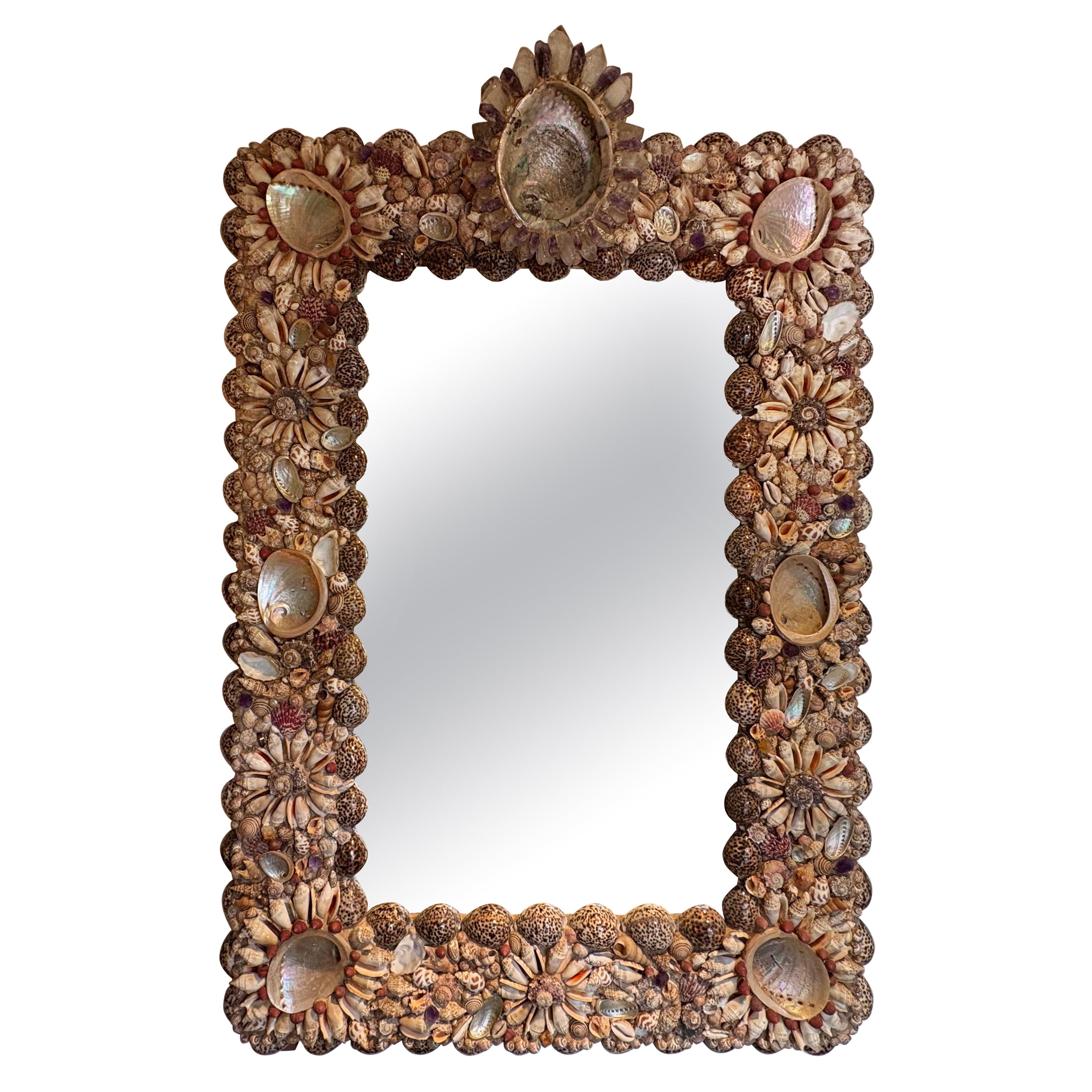 Miroir moderne français en coquillage, améthyste et cristal de roche en vente