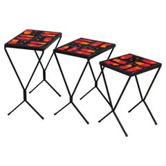 French Modern Set of 3 Nesting Tables with Red & Orange Ceramic Tile Tops, 1950s
