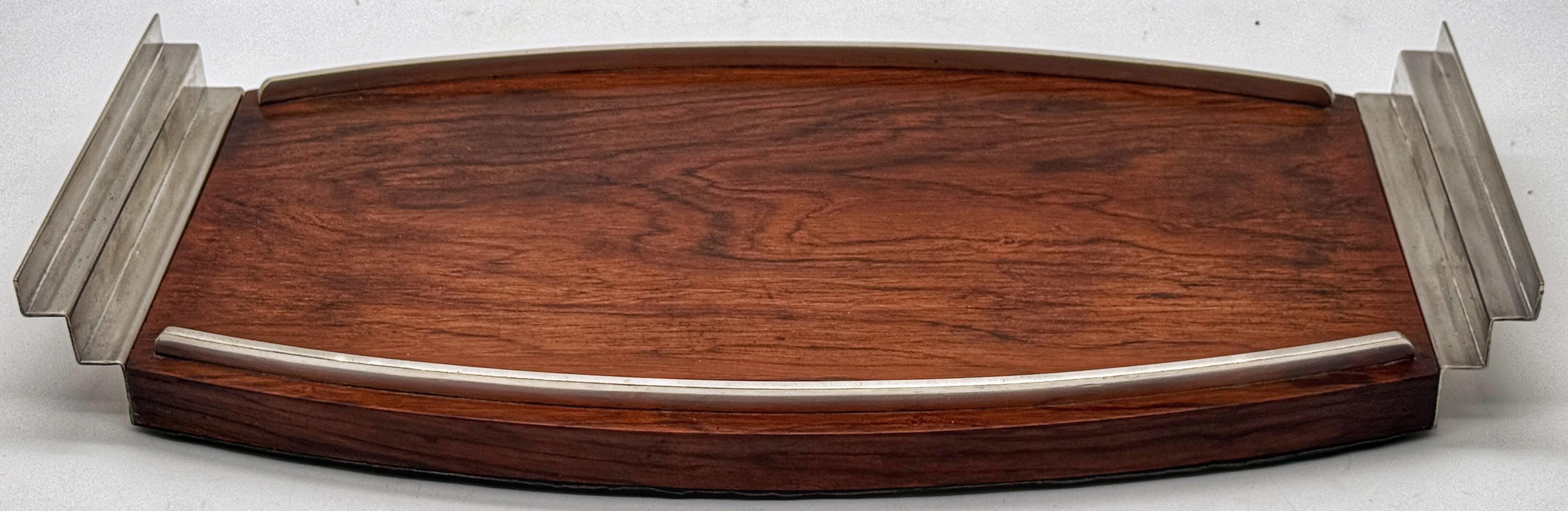 Silver Plate French Modern Silver-Plated and Mahogany Serving Tray For Sale